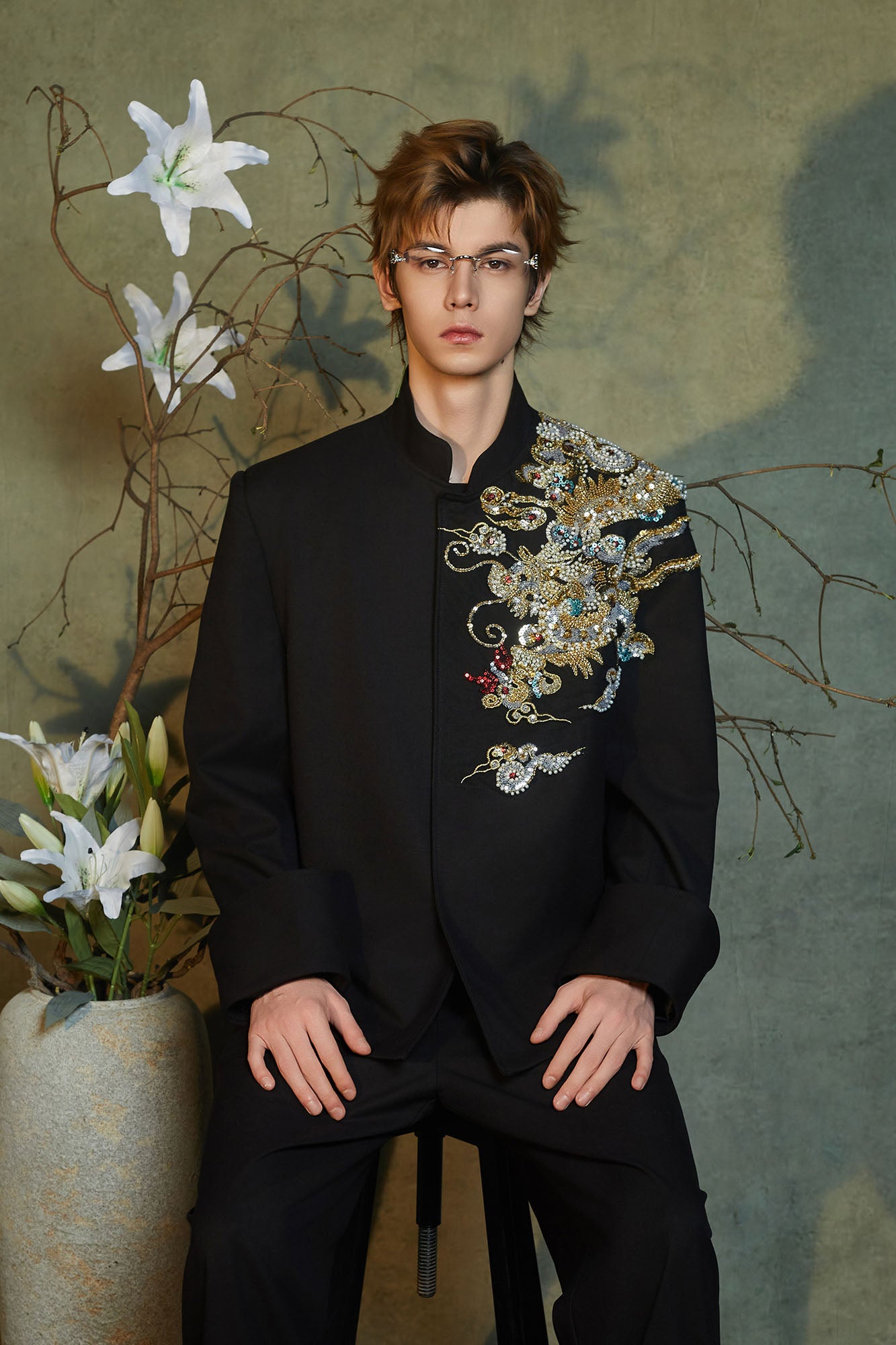 JIECHI Dragon Beaded Mandarin Collar Blazer, premium urban and streetwear designers apparel on PROJECTISR.com, JIECHI