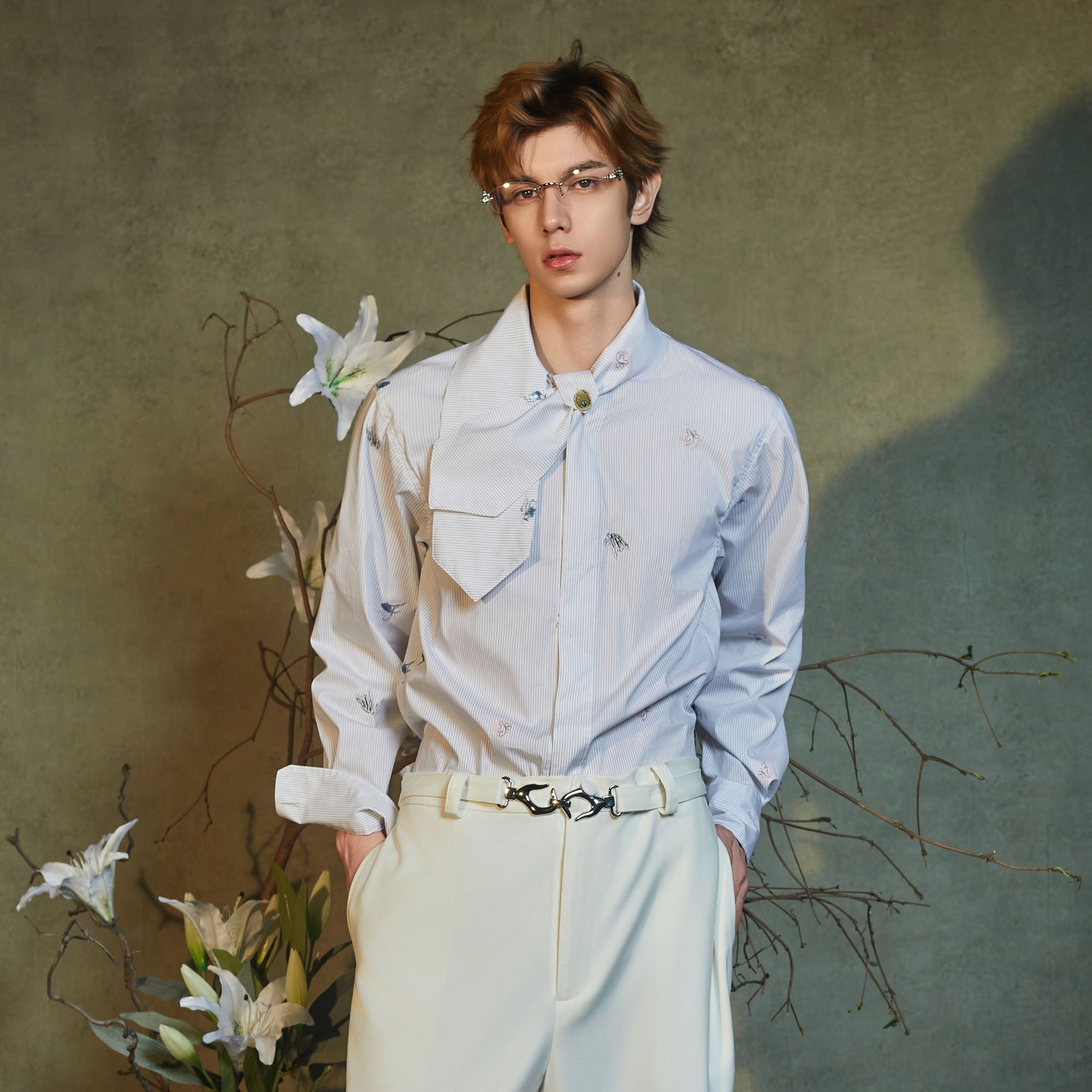 JIECHI Embroidered Striped Scarf-Collar Shirt, premium urban and streetwear designers apparel on PROJECTISR.com, JIECHI