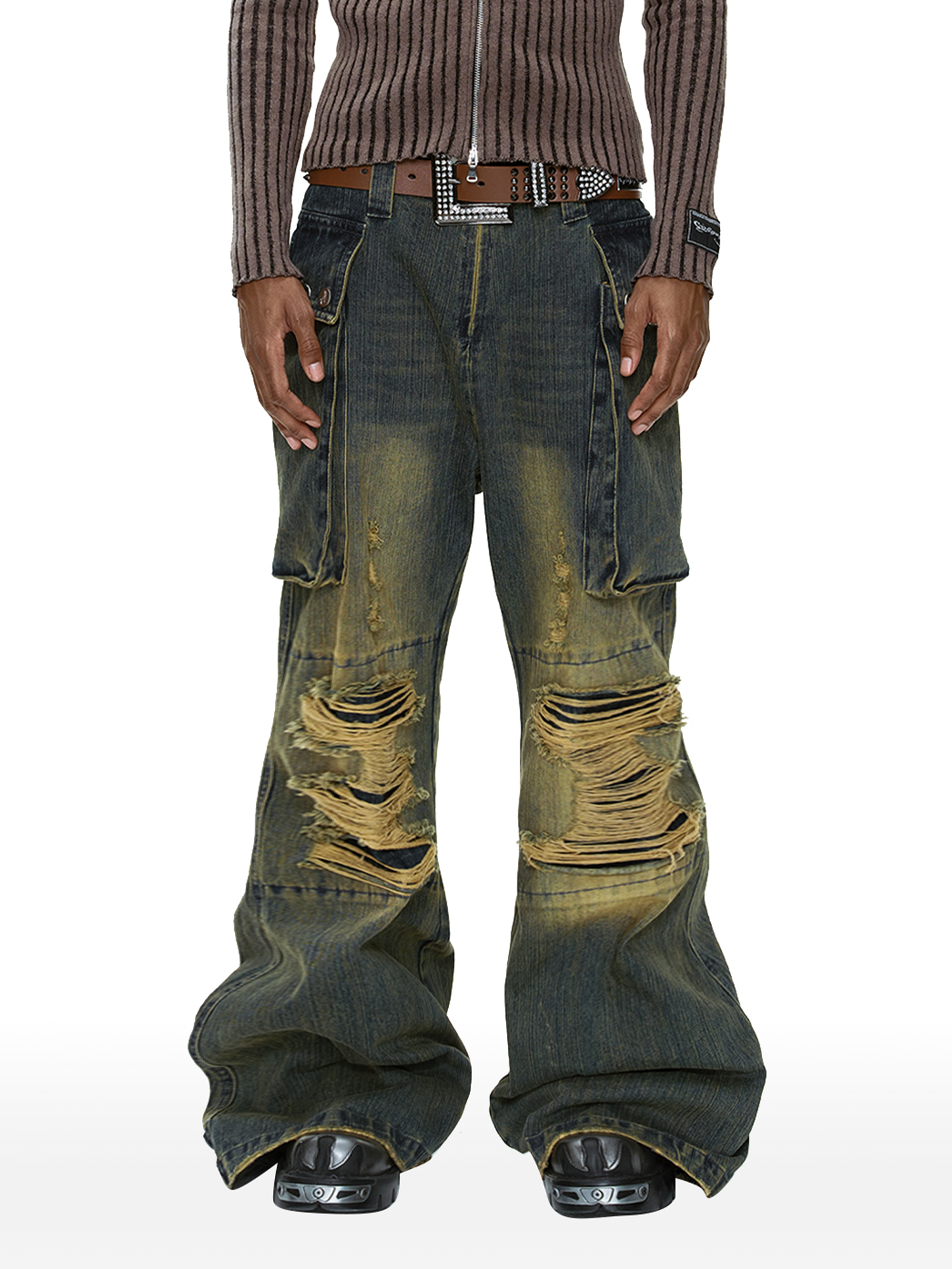 CYCYCY Distressed Big-Pocket Flared Jeans