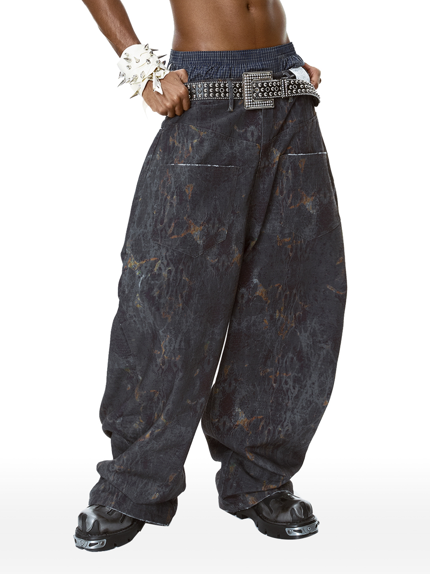 CYCYCY Washed Mottled Flame Graphic Denim Pants