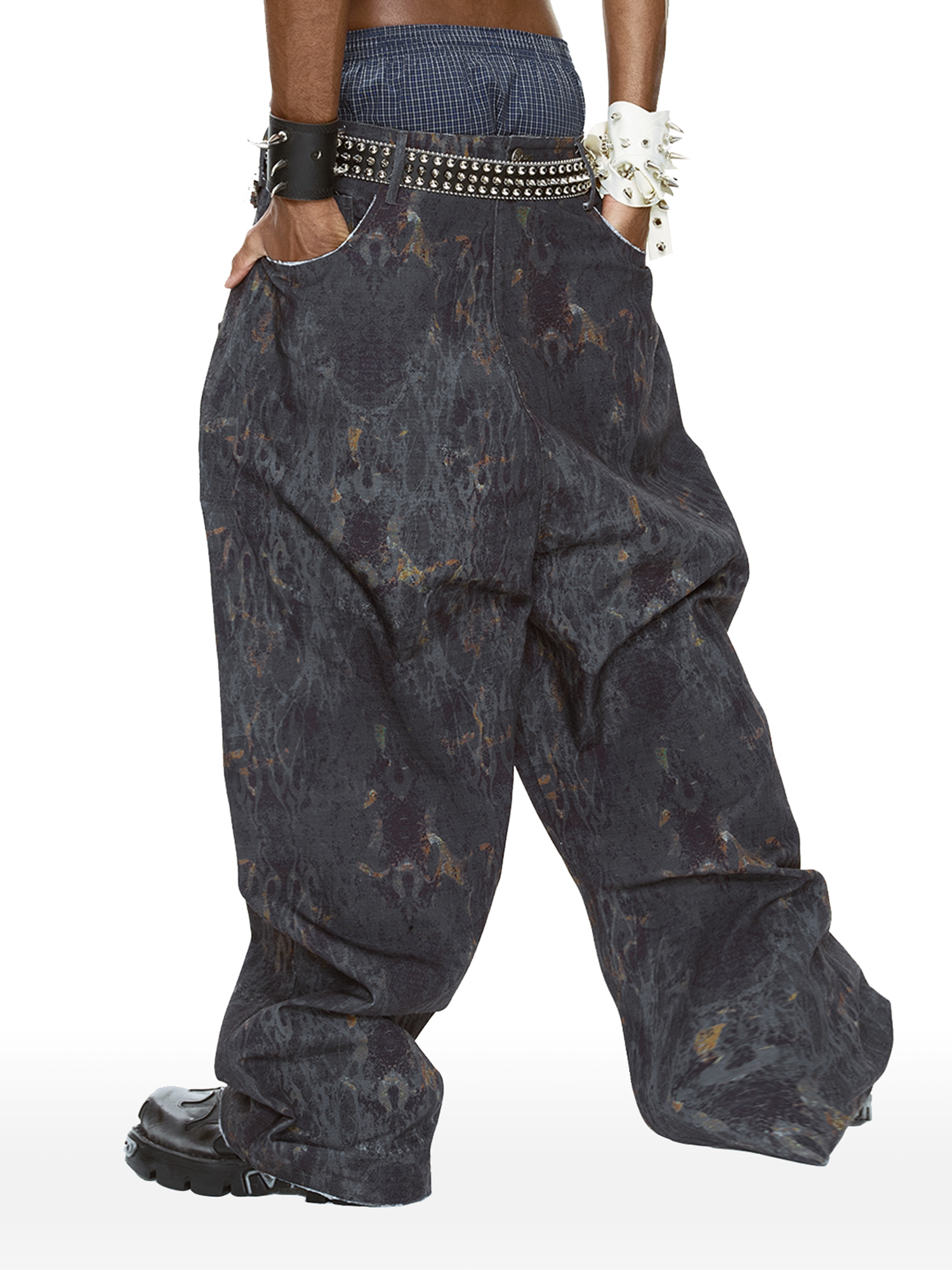 CYCYCY Washed Mottled Flame Graphic Denim Pants