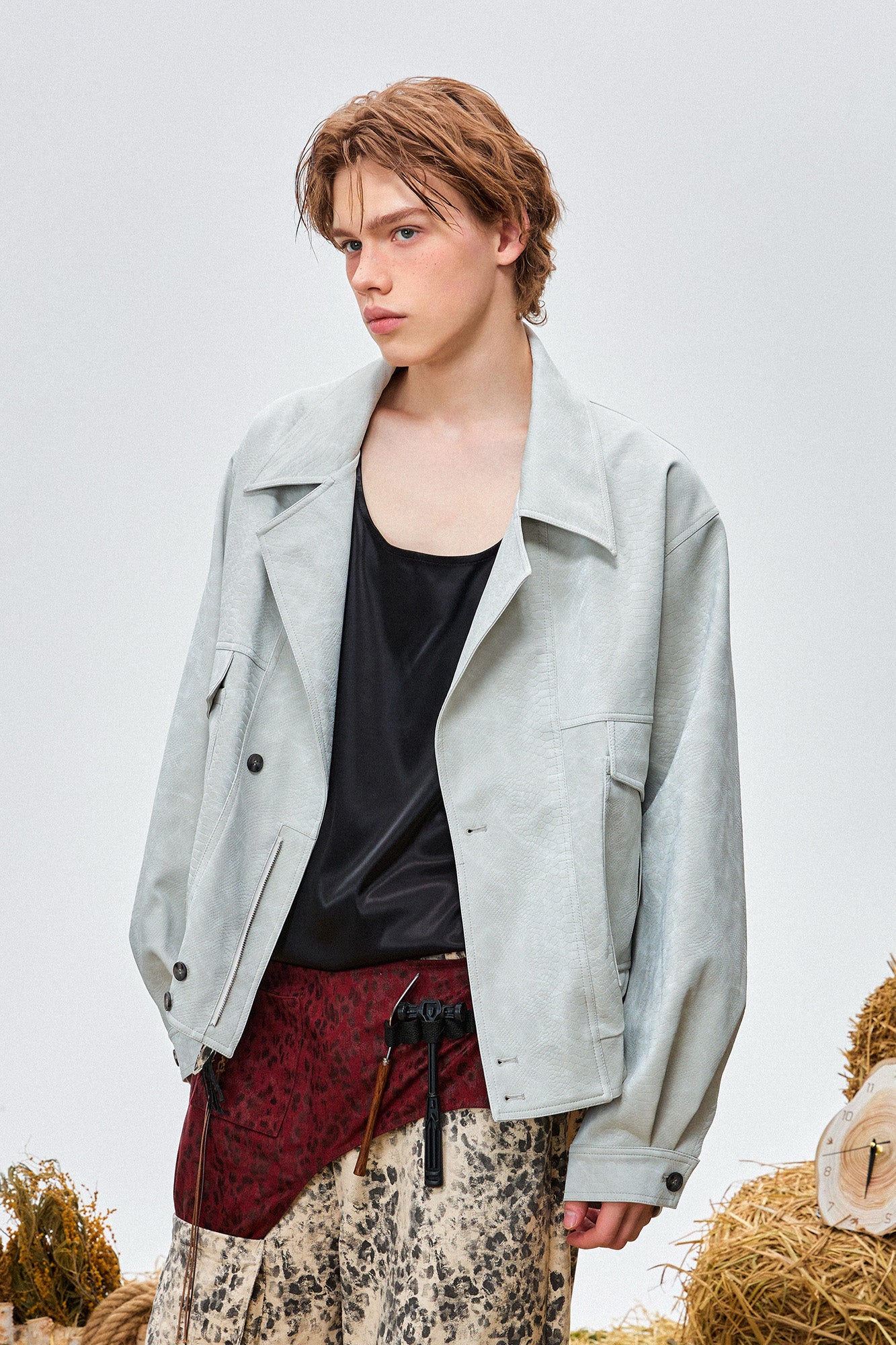 OIPWORD Croc-Embossed Cropped Faux Leather Jacket Blue, premium urban and streetwear designers apparel on PROJECTISR.com, OIPWORD