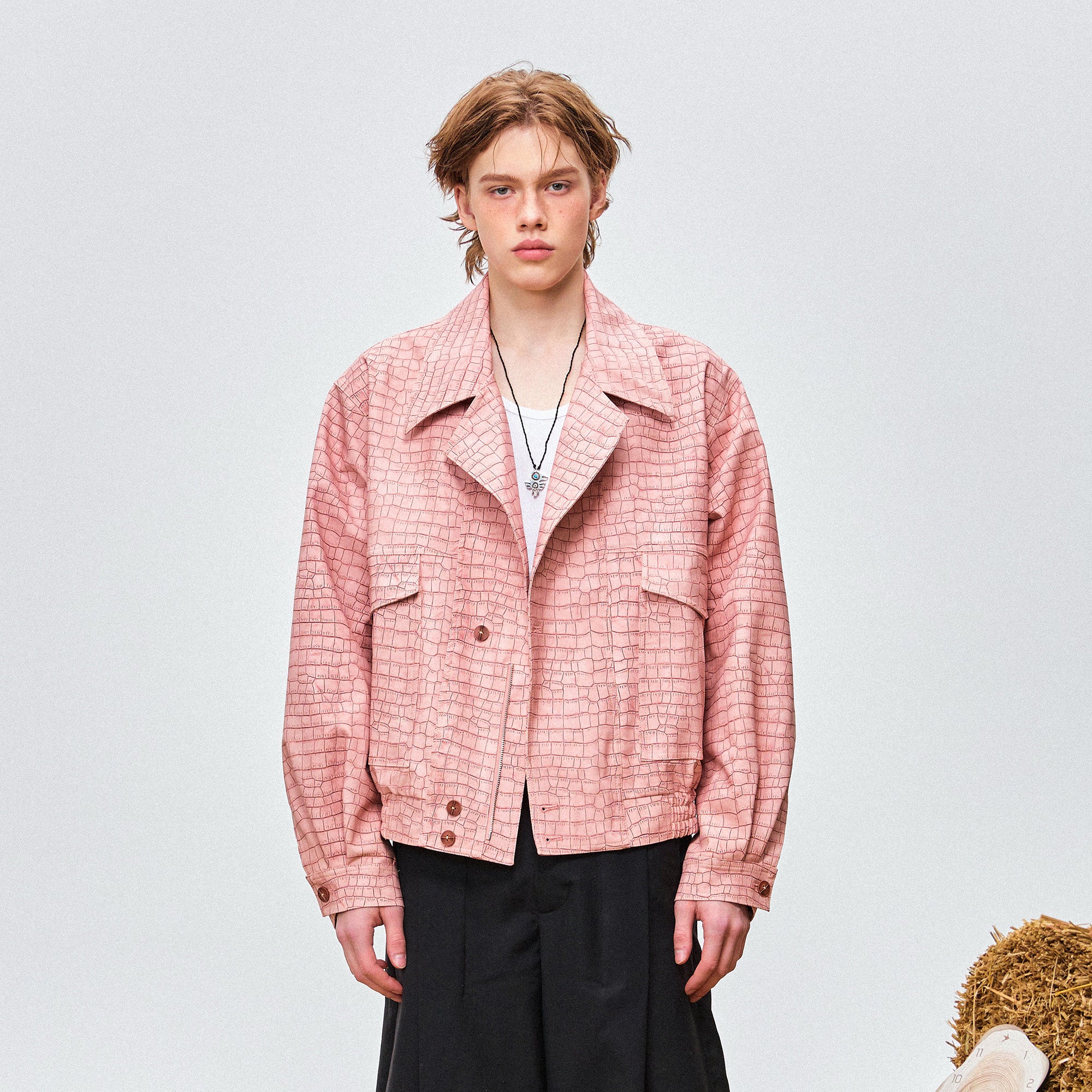 OIPWORD Croc-Embossed Cropped Faux Leather Jacket, premium urban and streetwear designers apparel on PROJECTISR.com, OIPWORD
