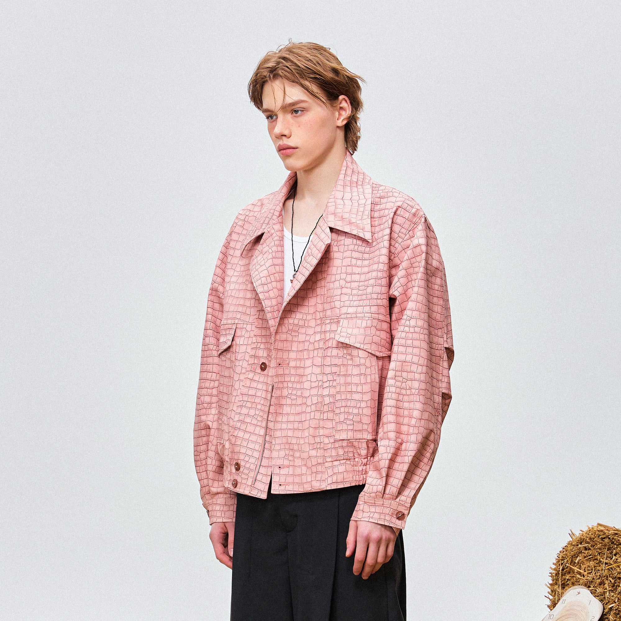 OIPWORD Croc-Embossed Cropped Faux Leather Jacket, premium urban and streetwear designers apparel on PROJECTISR.com, OIPWORD
