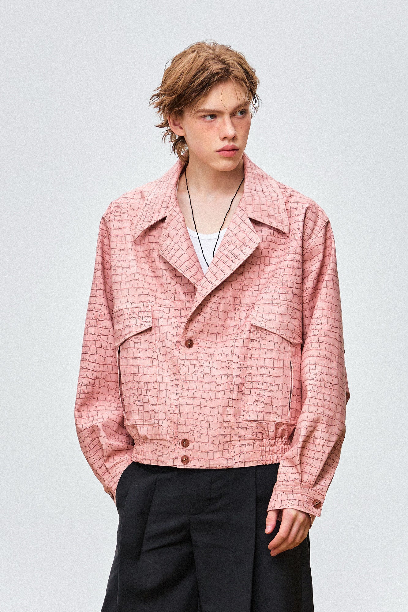 OIPWORD Croc-Embossed Cropped Faux Leather Jacket, premium urban and streetwear designers apparel on PROJECTISR.com, OIPWORD