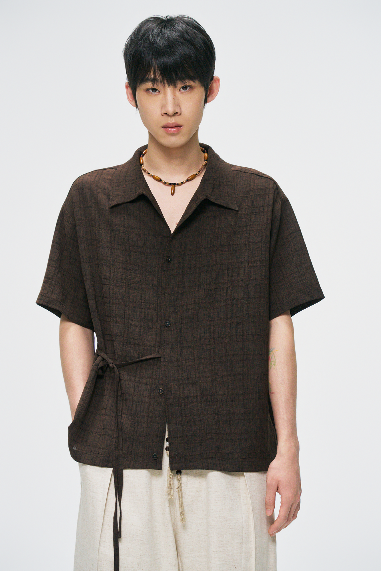 GONGHE REPUB Side-Tie Draped Half Shirt, premium urban and streetwear designers apparel on PROJECTISR.com, GONGHE REPUB