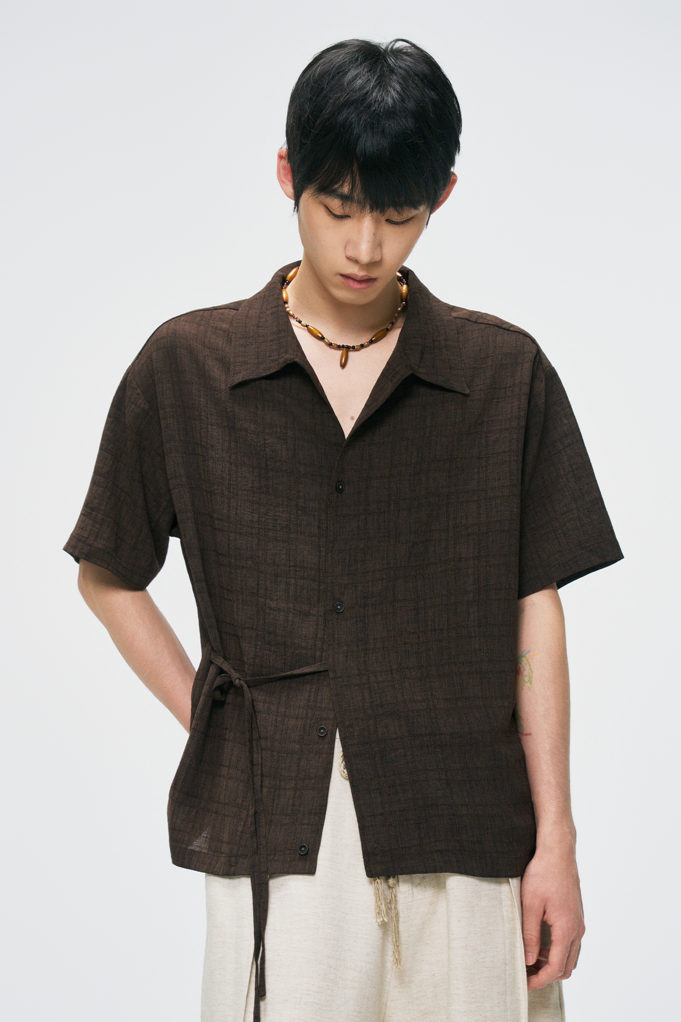 GONGHE REPUB Side-Tie Draped Half Shirt, premium urban and streetwear designers apparel on PROJECTISR.com, GONGHE REPUB