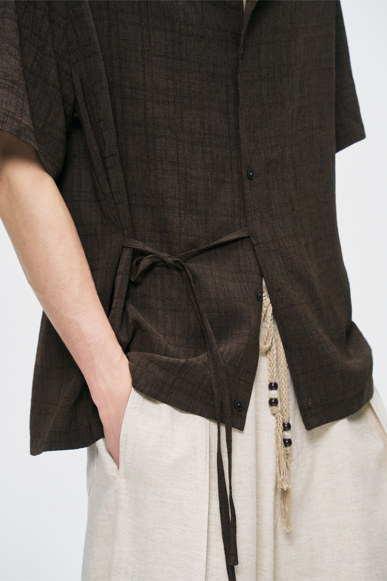 GONGHE REPUB Side-Tie Draped Half Shirt, premium urban and streetwear designers apparel on PROJECTISR.com, GONGHE REPUB