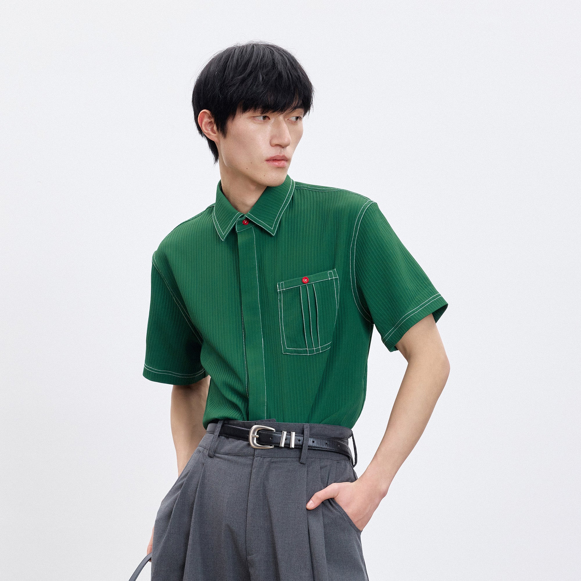 TUIMU Essential Contrast-Stitch Shirt, premium urban and streetwear designers apparel on PROJECTISR.com, TUIMU
