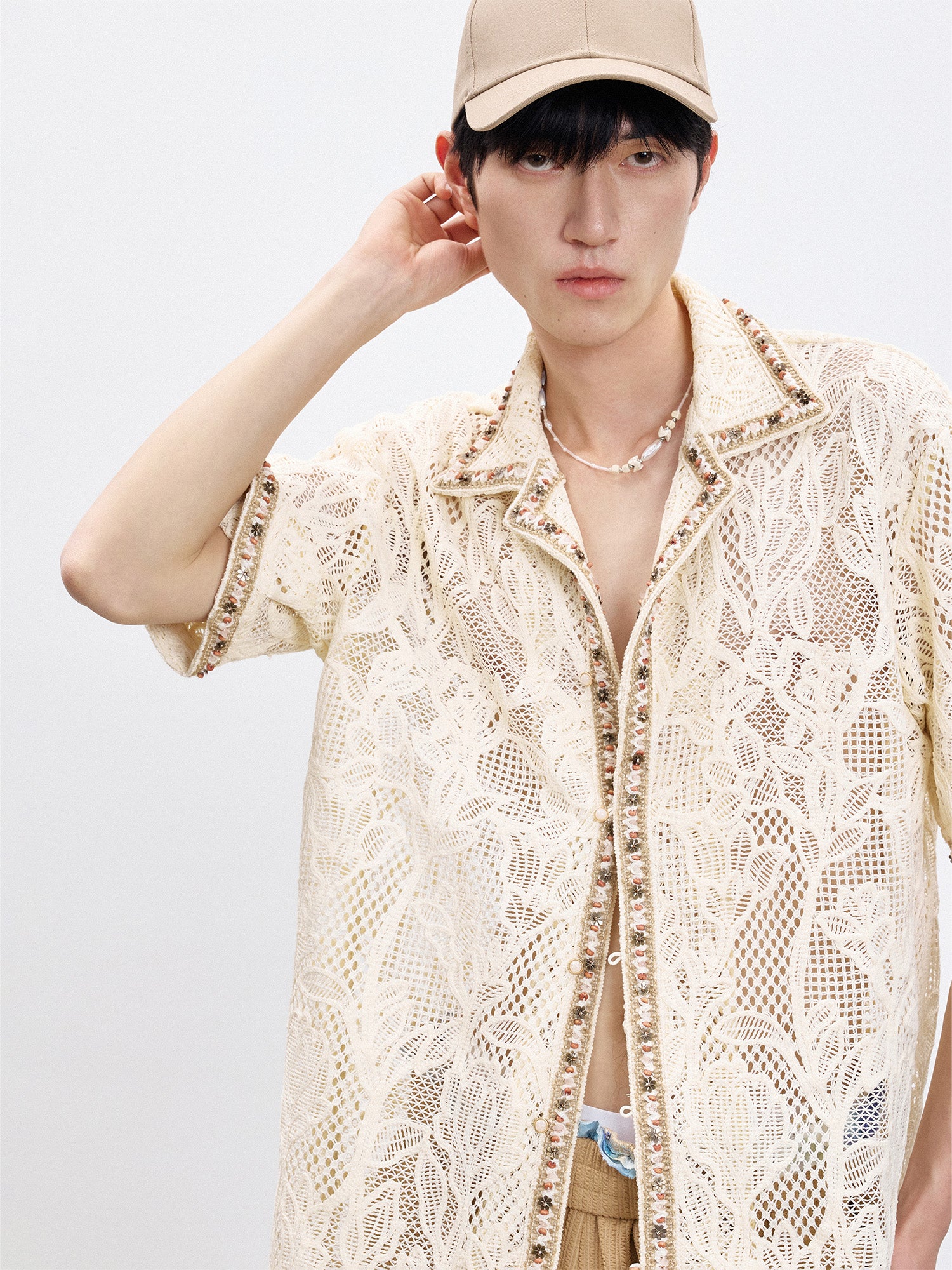 TUIMU Beaded Trim Open-Knit Jacquard Half Shirt, premium urban and streetwear designers apparel on PROJECTISR.com, TUIMU