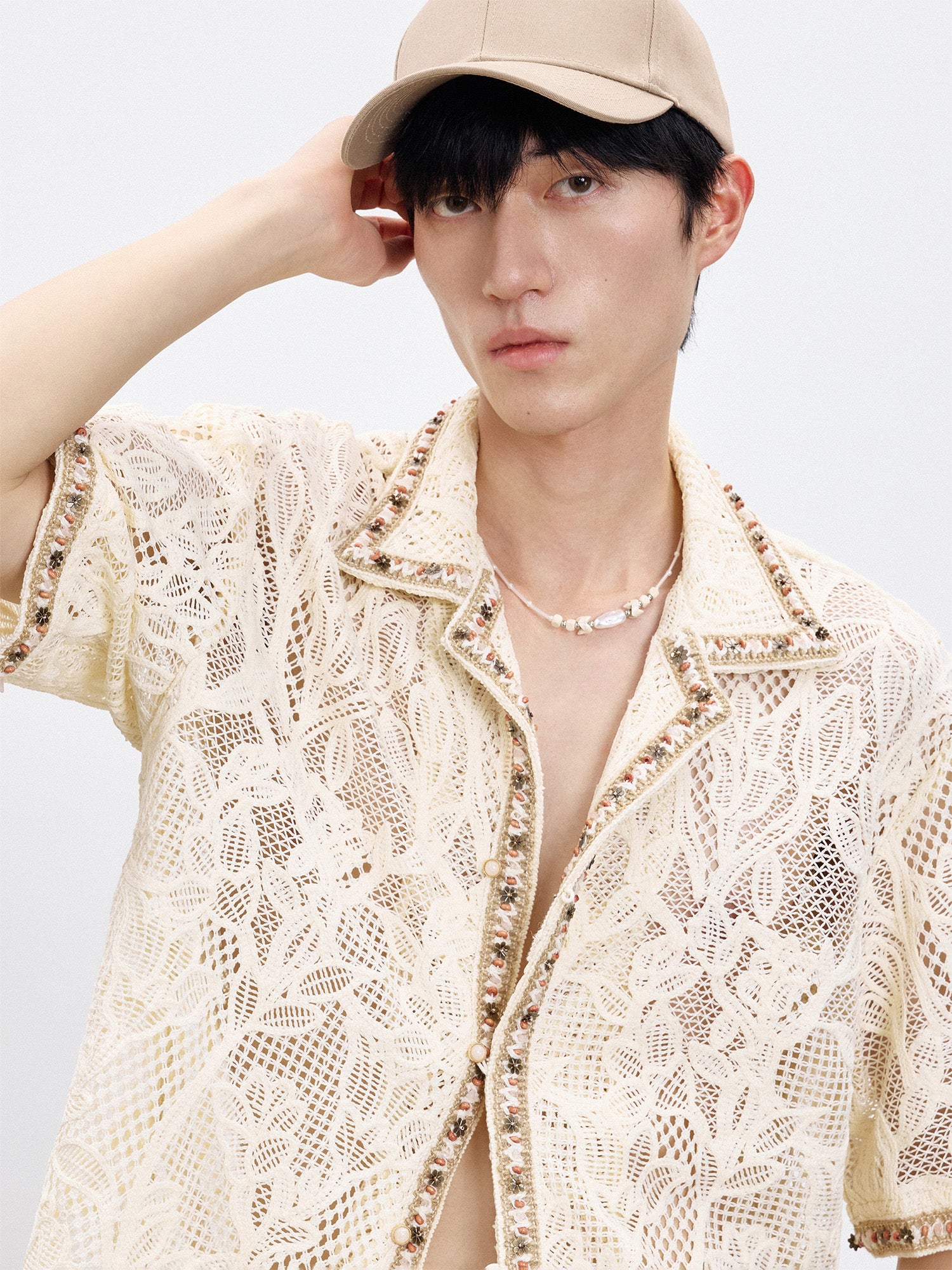 TUIMU Beaded Trim Open-Knit Jacquard Half Shirt, premium urban and streetwear designers apparel on PROJECTISR.com, TUIMU