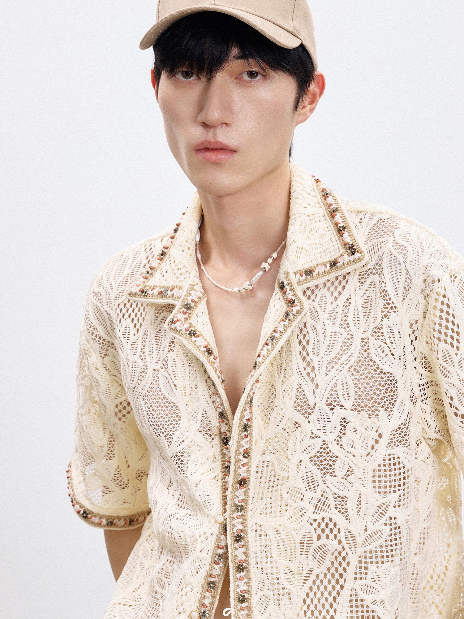 TUIMU Beaded Trim Open-Knit Jacquard Half Shirt, premium urban and streetwear designers apparel on PROJECTISR.com, TUIMU