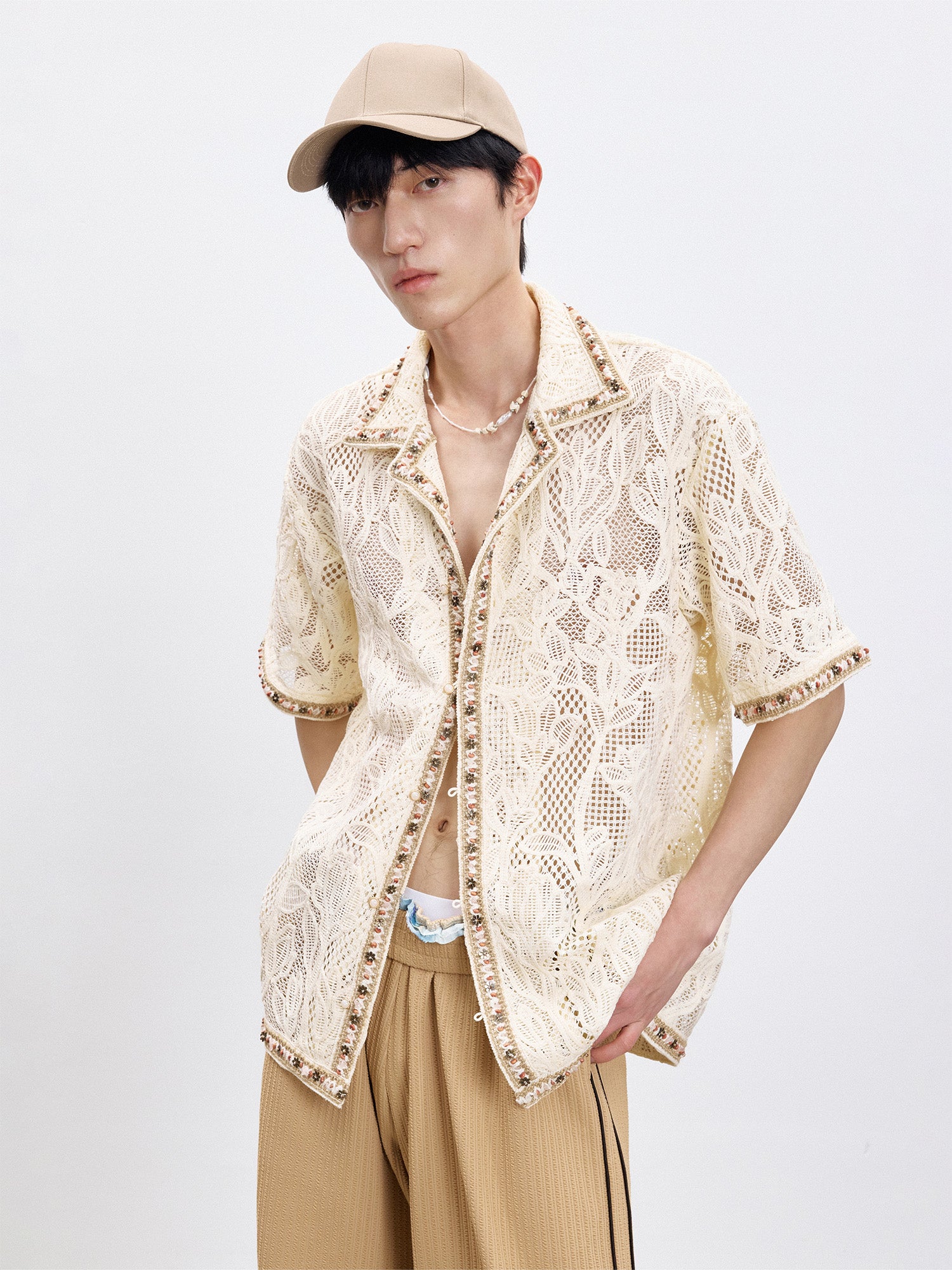 TUIMU Beaded Trim Open-Knit Jacquard Half Shirt, premium urban and streetwear designers apparel on PROJECTISR.com, TUIMU