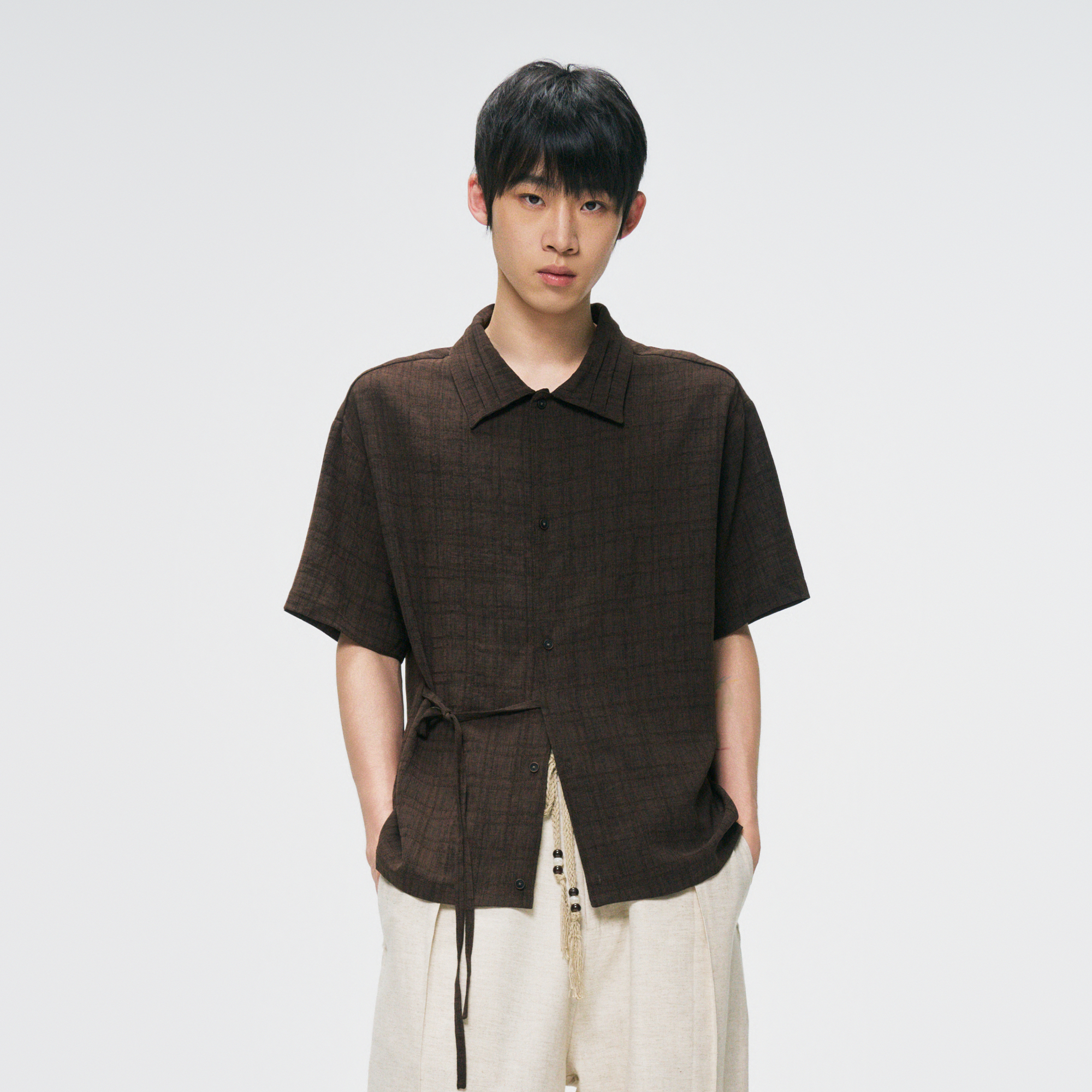GONGHE REPUB Side-Tie Draped Half Shirt, premium urban and streetwear designers apparel on PROJECTISR.com, GONGHE REPUB