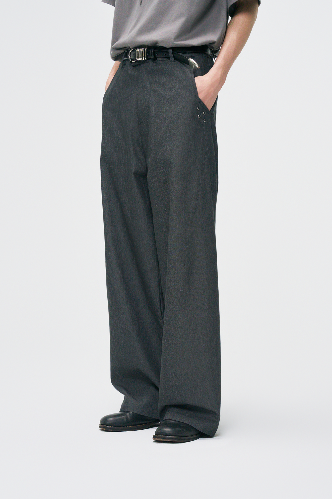 GONGHE REPUB Washed Studded Straight-Leg Pants, premium urban and streetwear designers apparel on PROJECTISR.com, GONGHE REPUB