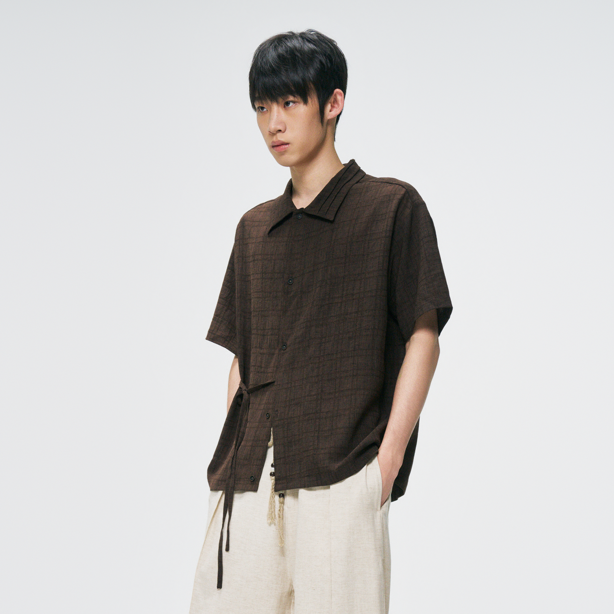 GONGHE REPUB Side-Tie Draped Half Shirt, premium urban and streetwear designers apparel on PROJECTISR.com, GONGHE REPUB