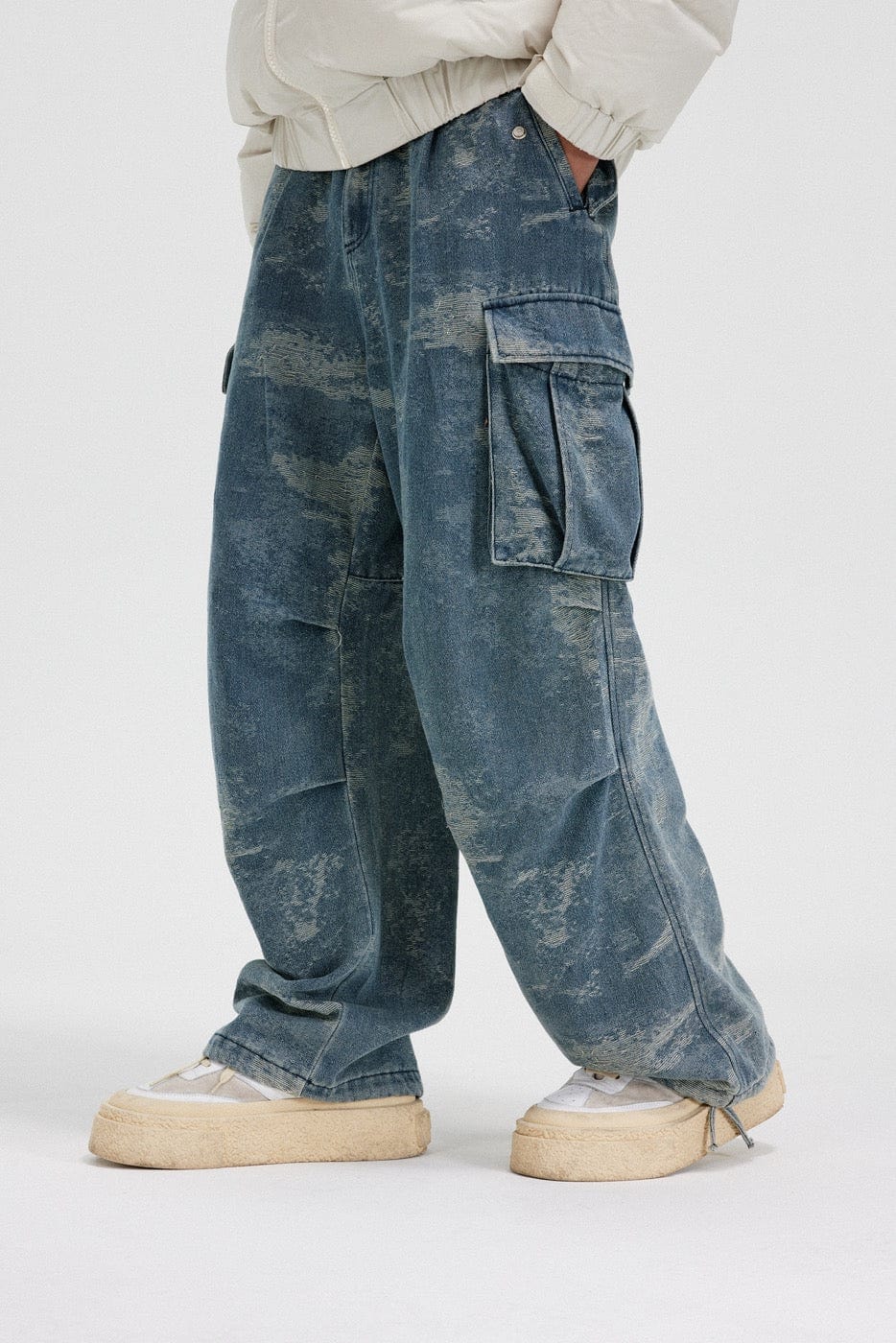 BONELESS Washed Frayed Crinkled Baggy Jeans, premium urban and streetwear designers apparel on PROJECTISR.com, BONELESS