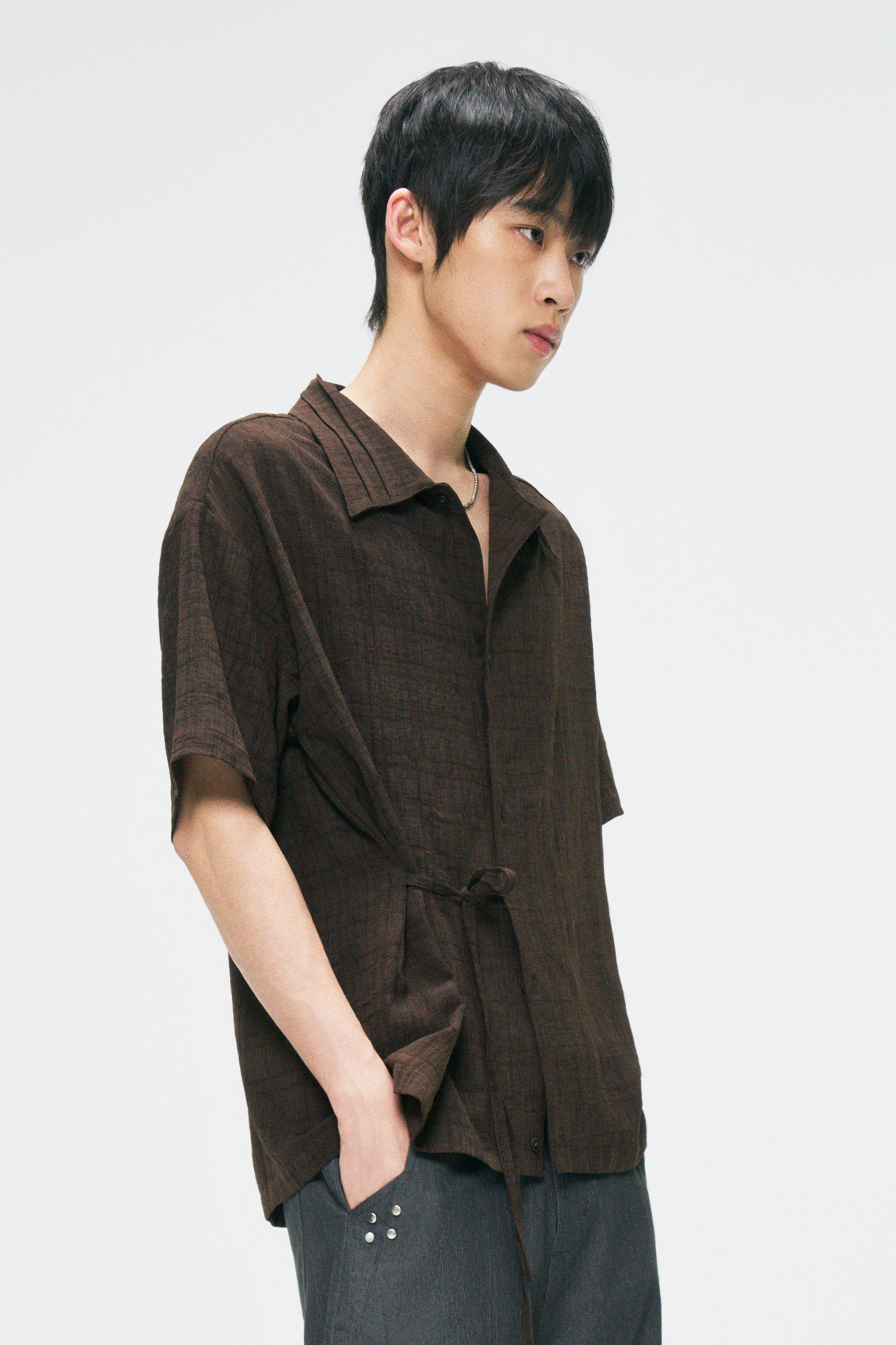 GONGHE REPUB Side-Tie Draped Half Shirt, premium urban and streetwear designers apparel on PROJECTISR.com, GONGHE REPUB