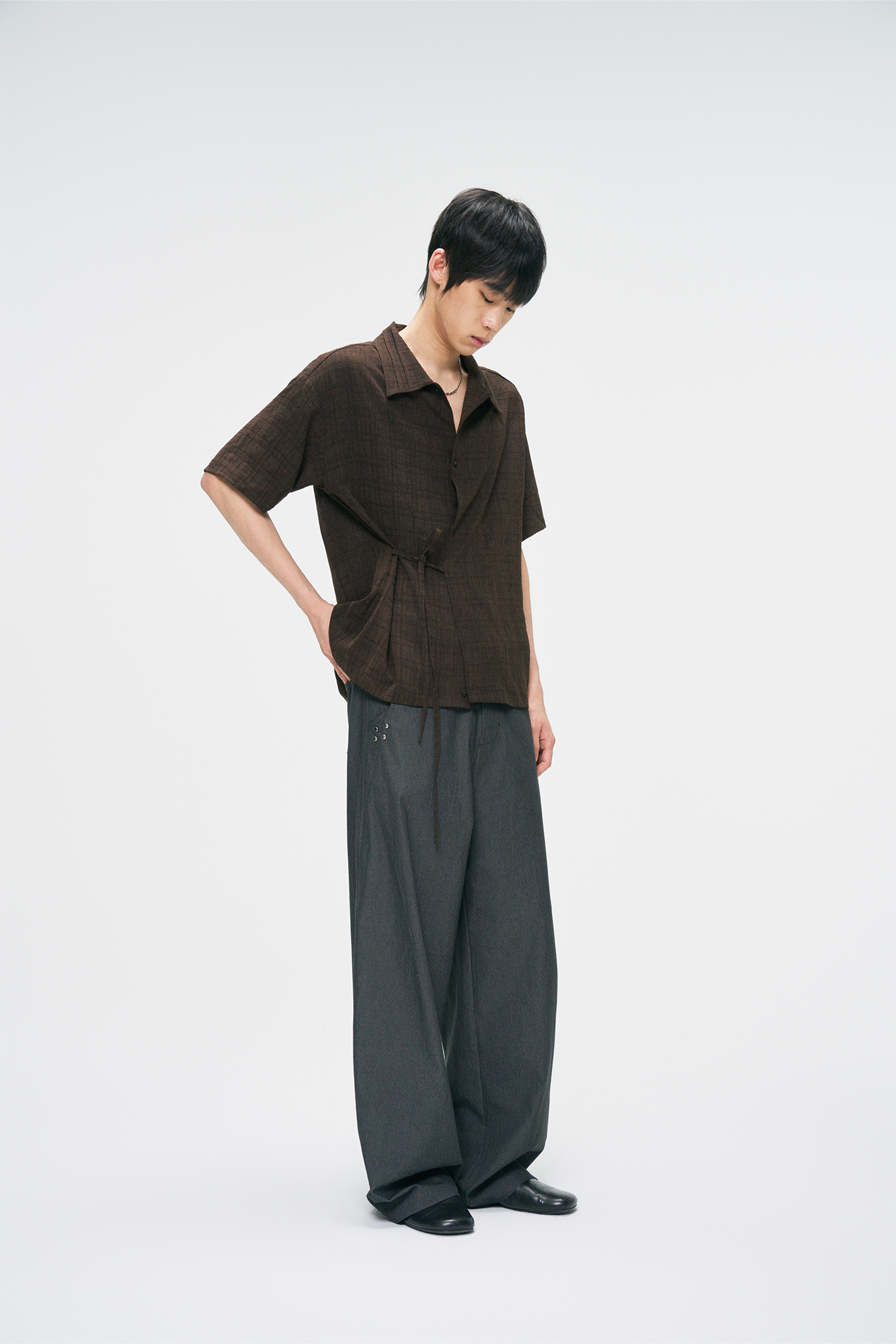 GONGHE REPUB Side-Tie Draped Half Shirt, premium urban and streetwear designers apparel on PROJECTISR.com, GONGHE REPUB