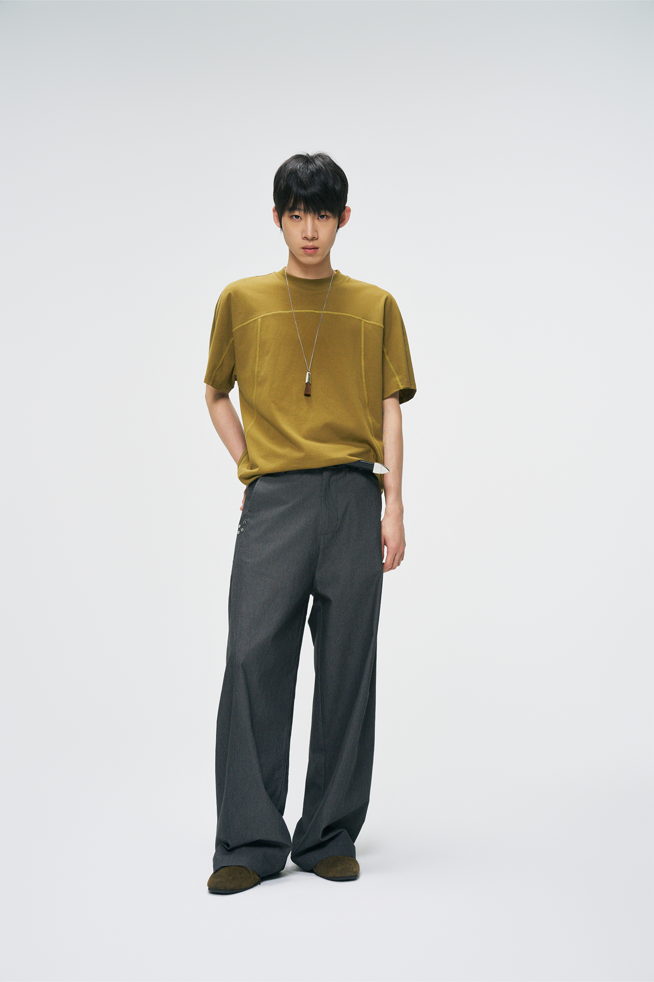 GONGHE REPUB Washed Studded Straight-Leg Pants, premium urban and streetwear designers apparel on PROJECTISR.com, GONGHE REPUB