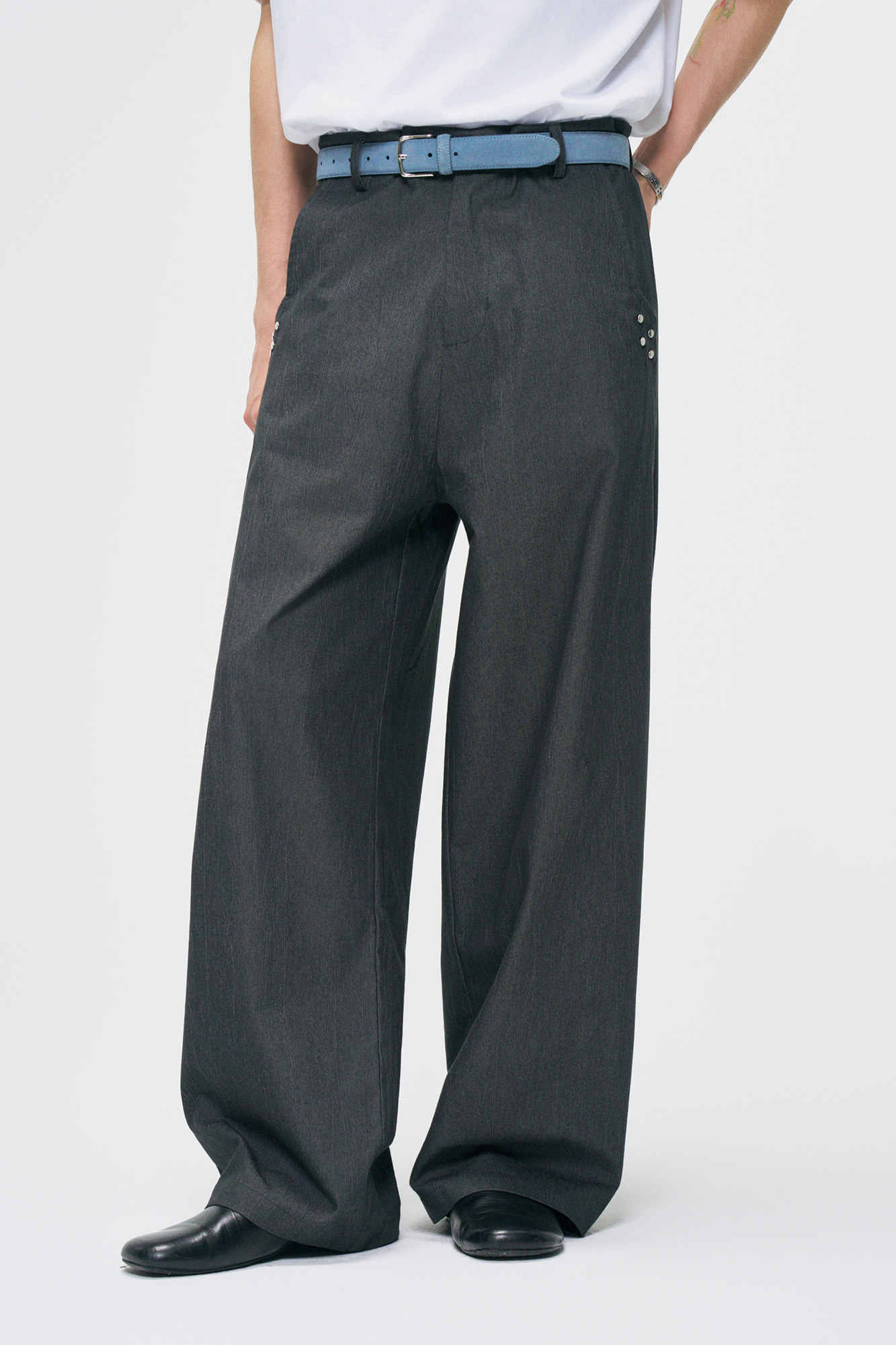 GONGHE REPUB Washed Studded Straight-Leg Pants, premium urban and streetwear designers apparel on PROJECTISR.com, GONGHE REPUB
