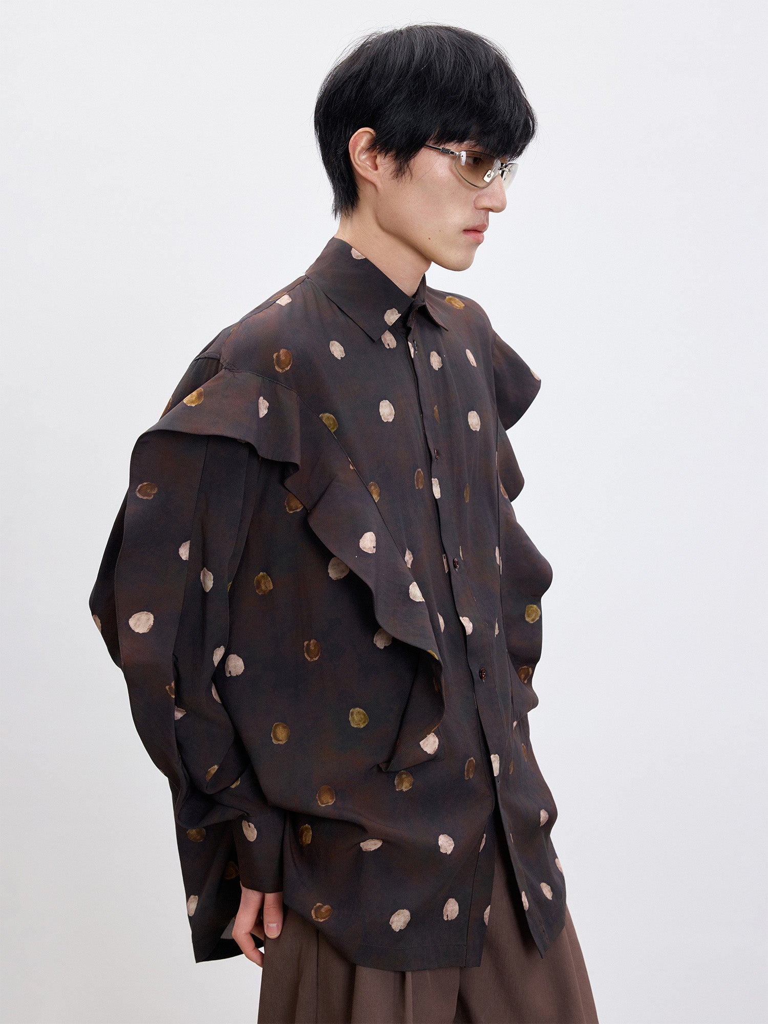 TUIMU Polka Dot Draped Panel Shirt, premium urban and streetwear designers apparel on PROJECTISR.com, TUIMU