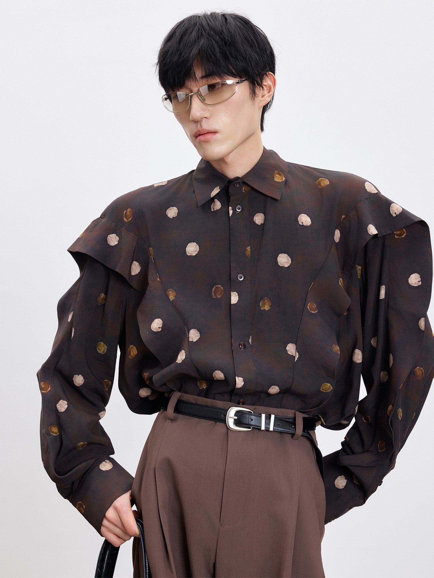 TUIMU Polka Dot Draped Panel Shirt, premium urban and streetwear designers apparel on PROJECTISR.com, TUIMU