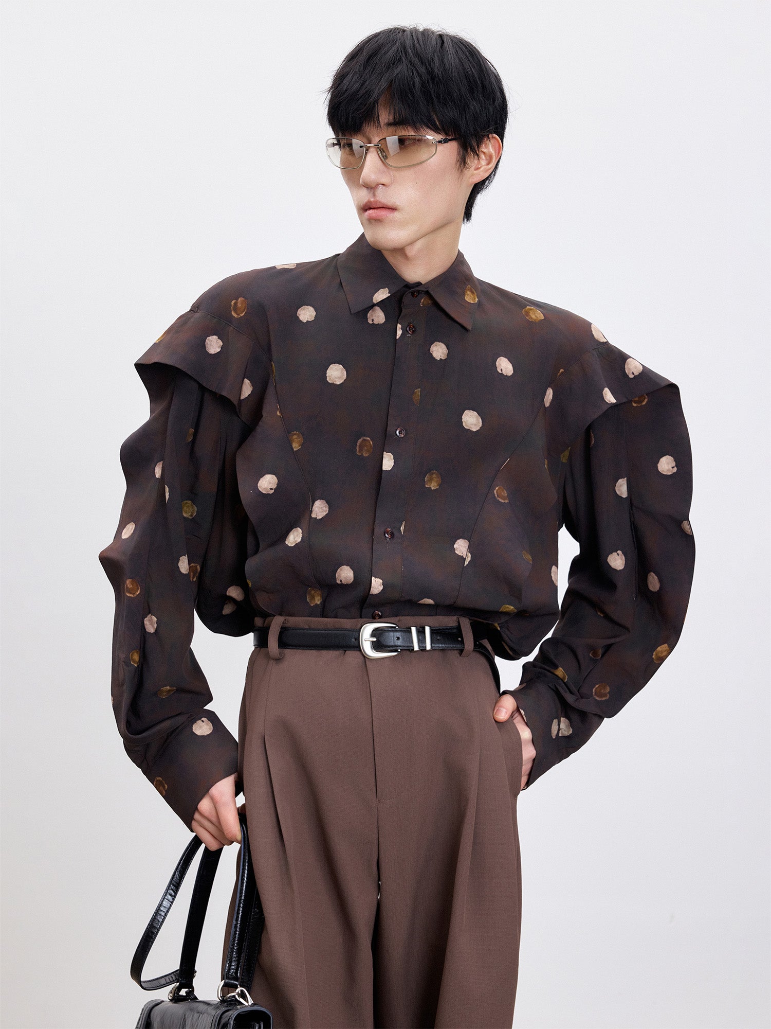 TUIMU Polka Dot Draped Panel Shirt, premium urban and streetwear designers apparel on PROJECTISR.com, TUIMU