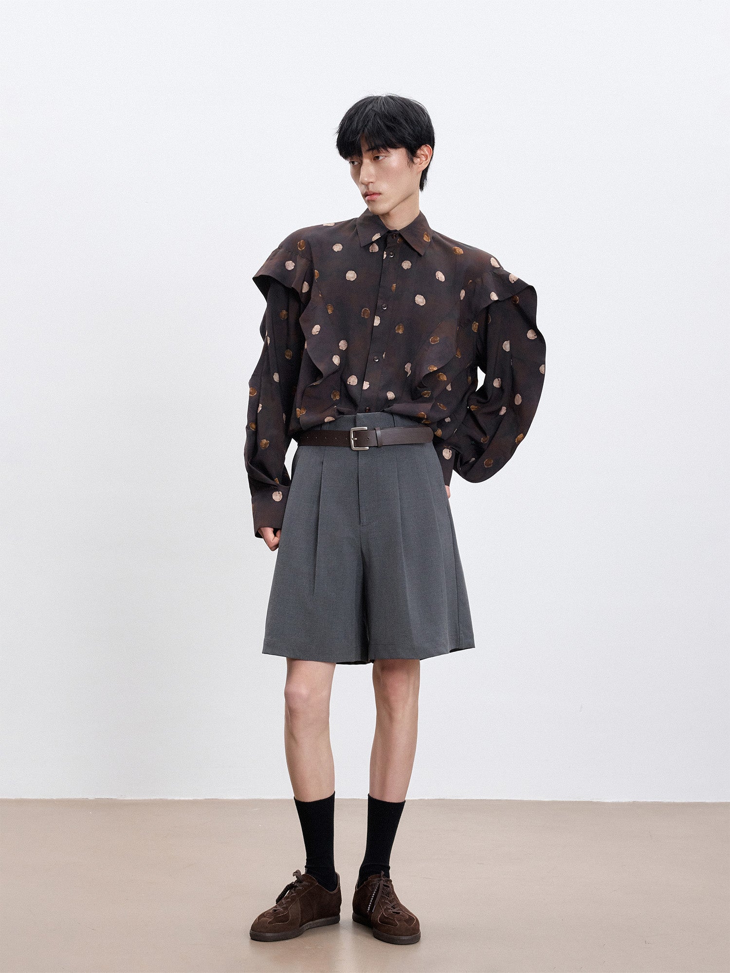 TUIMU Polka Dot Draped Panel Shirt, premium urban and streetwear designers apparel on PROJECTISR.com, TUIMU