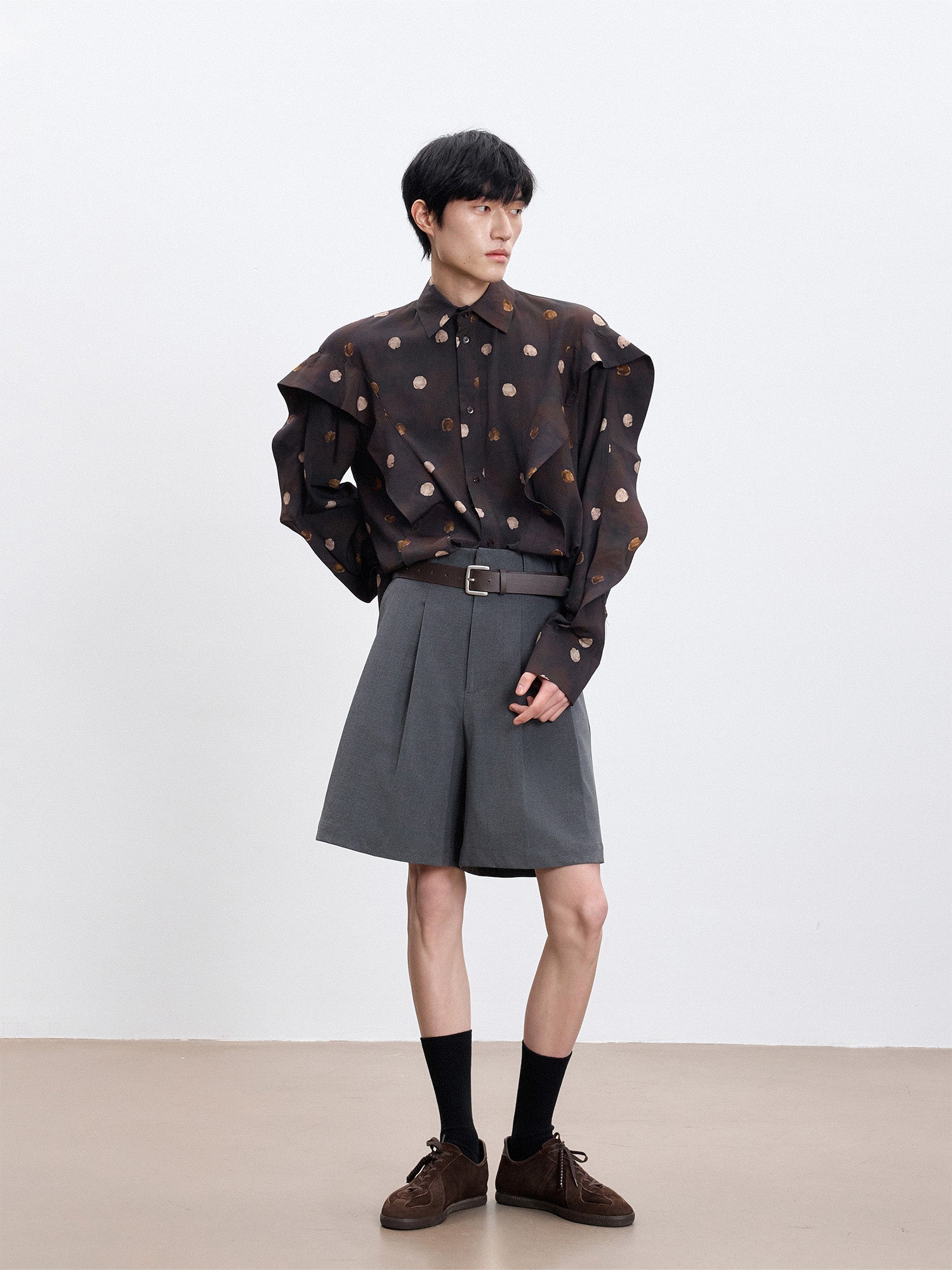 TUIMU Polka Dot Draped Panel Shirt, premium urban and streetwear designers apparel on PROJECTISR.com, TUIMU