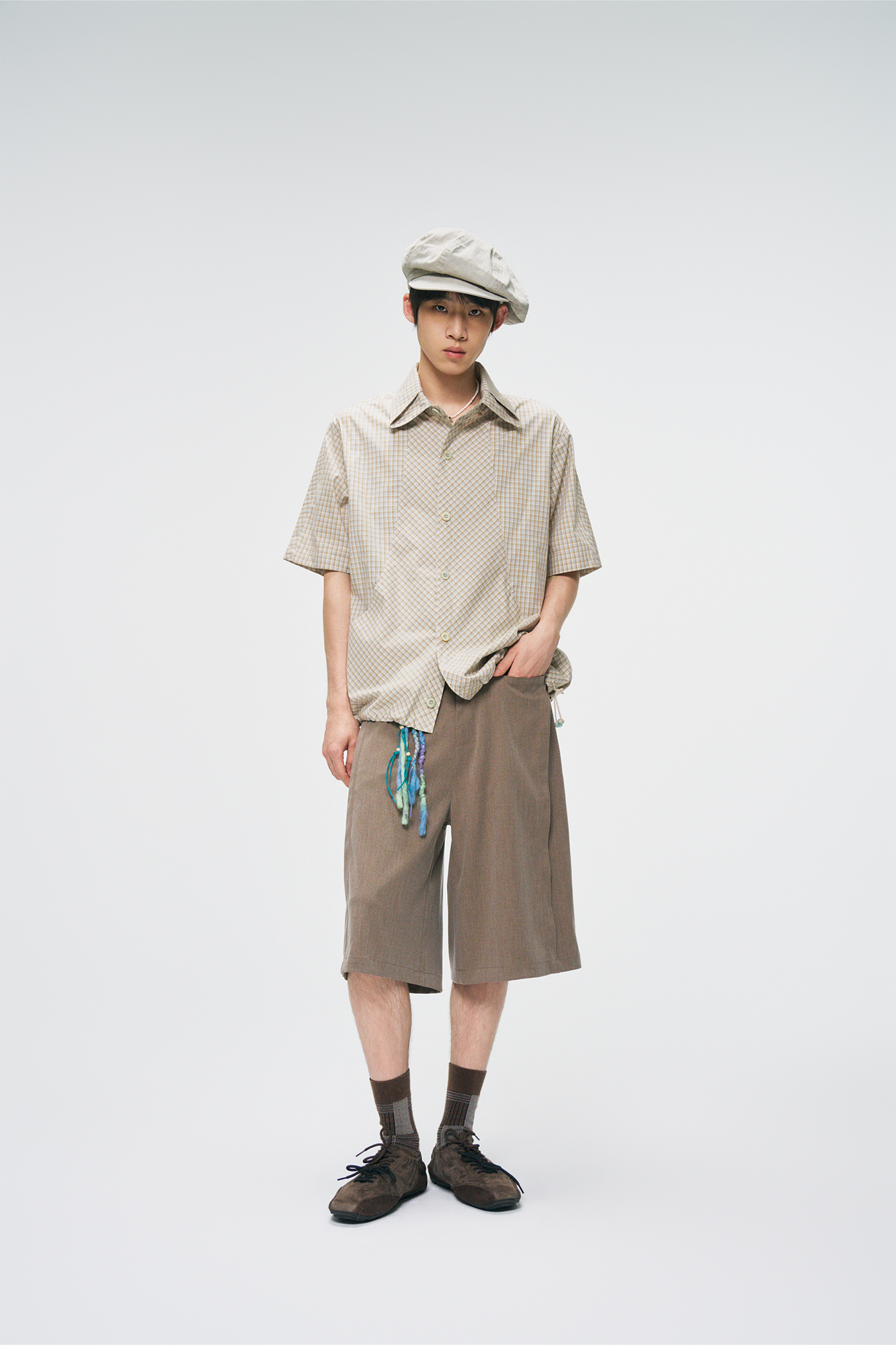 GONGHE REPUB Check Adjustable Hem Half Shirt, premium urban and streetwear designers apparel on PROJECTISR.com, GONGHE REPUB