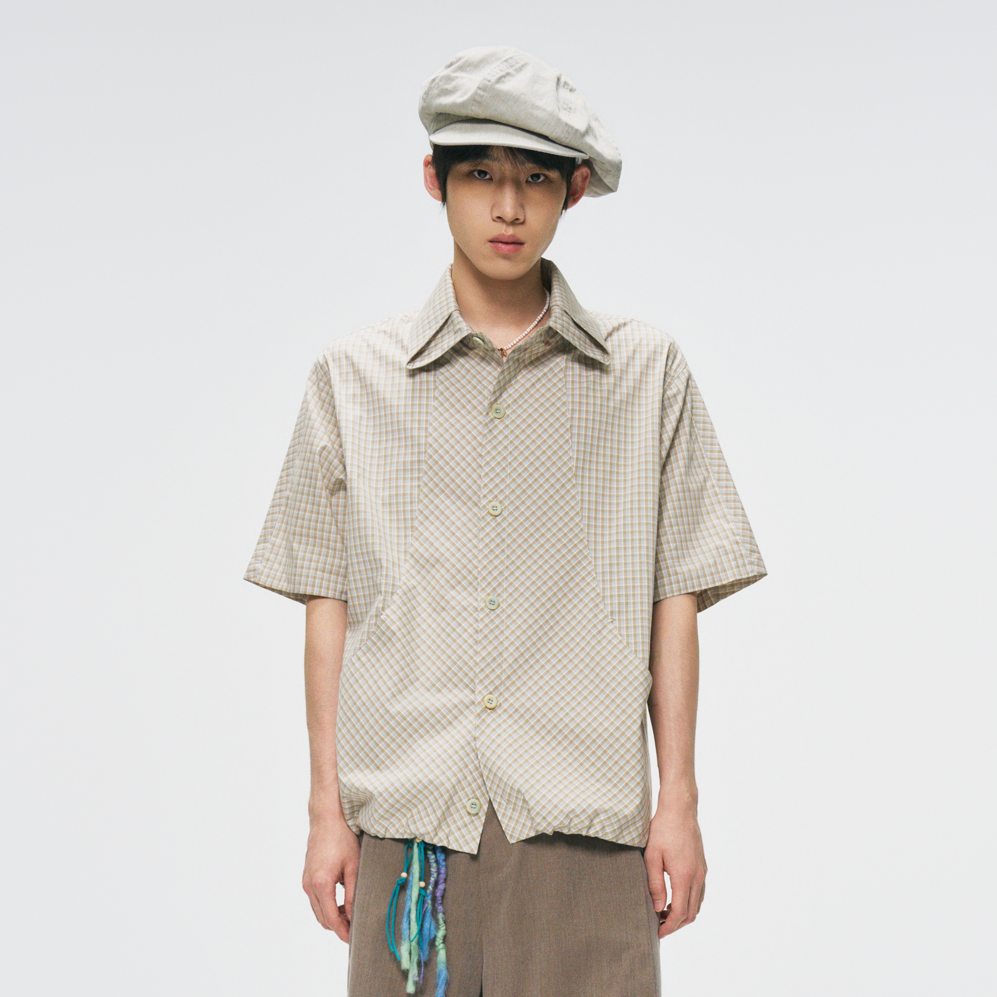GONGHE REPUB Check Adjustable Hem Half Shirt, premium urban and streetwear designers apparel on PROJECTISR.com, GONGHE REPUB