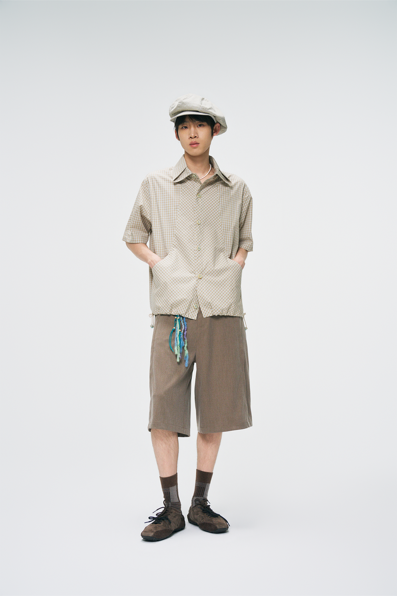 GONGHE REPUB Check Adjustable Hem Half Shirt, premium urban and streetwear designers apparel on PROJECTISR.com, GONGHE REPUB