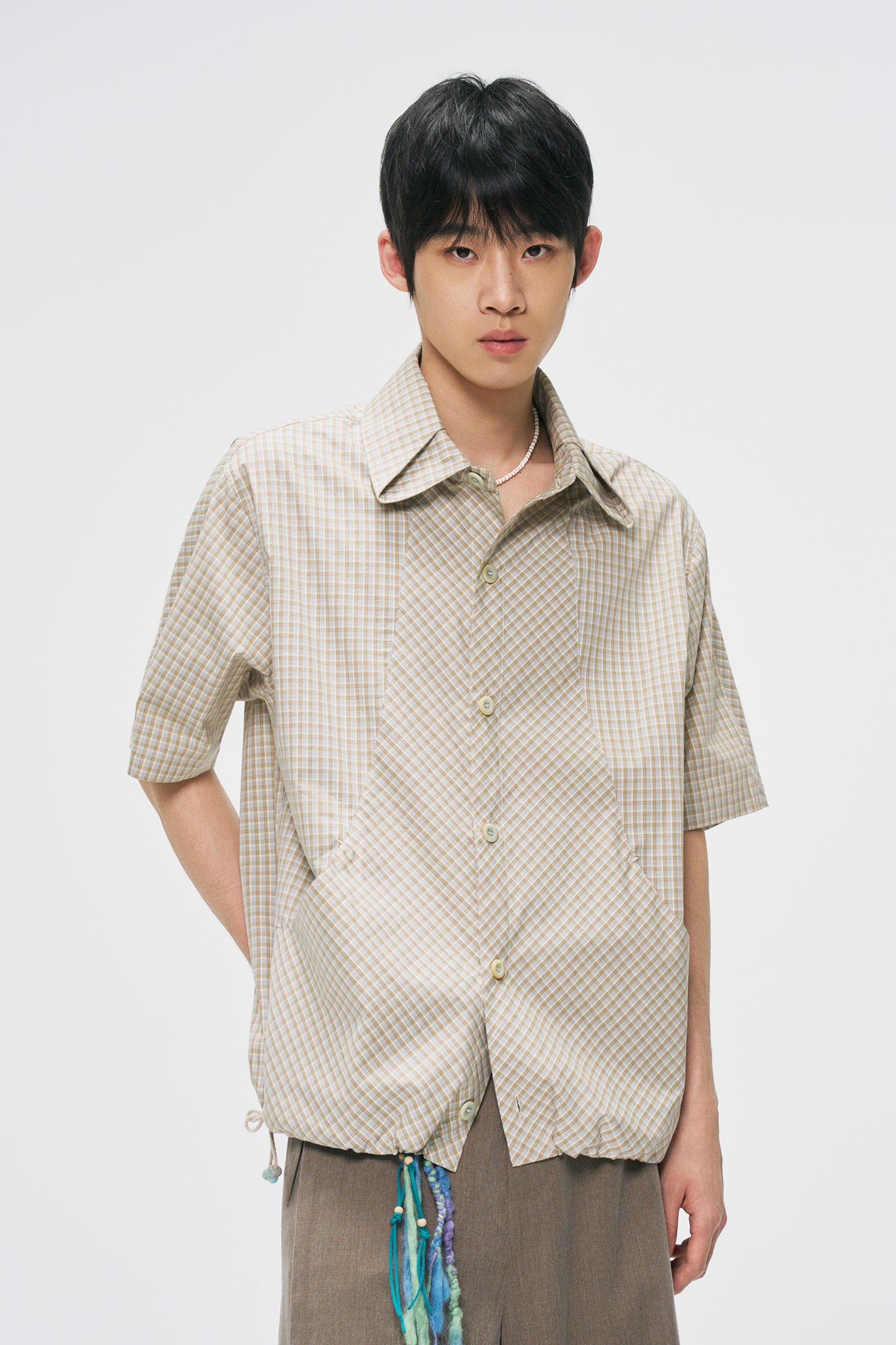 GONGHE REPUB Check Adjustable Hem Half Shirt, premium urban and streetwear designers apparel on PROJECTISR.com, GONGHE REPUB