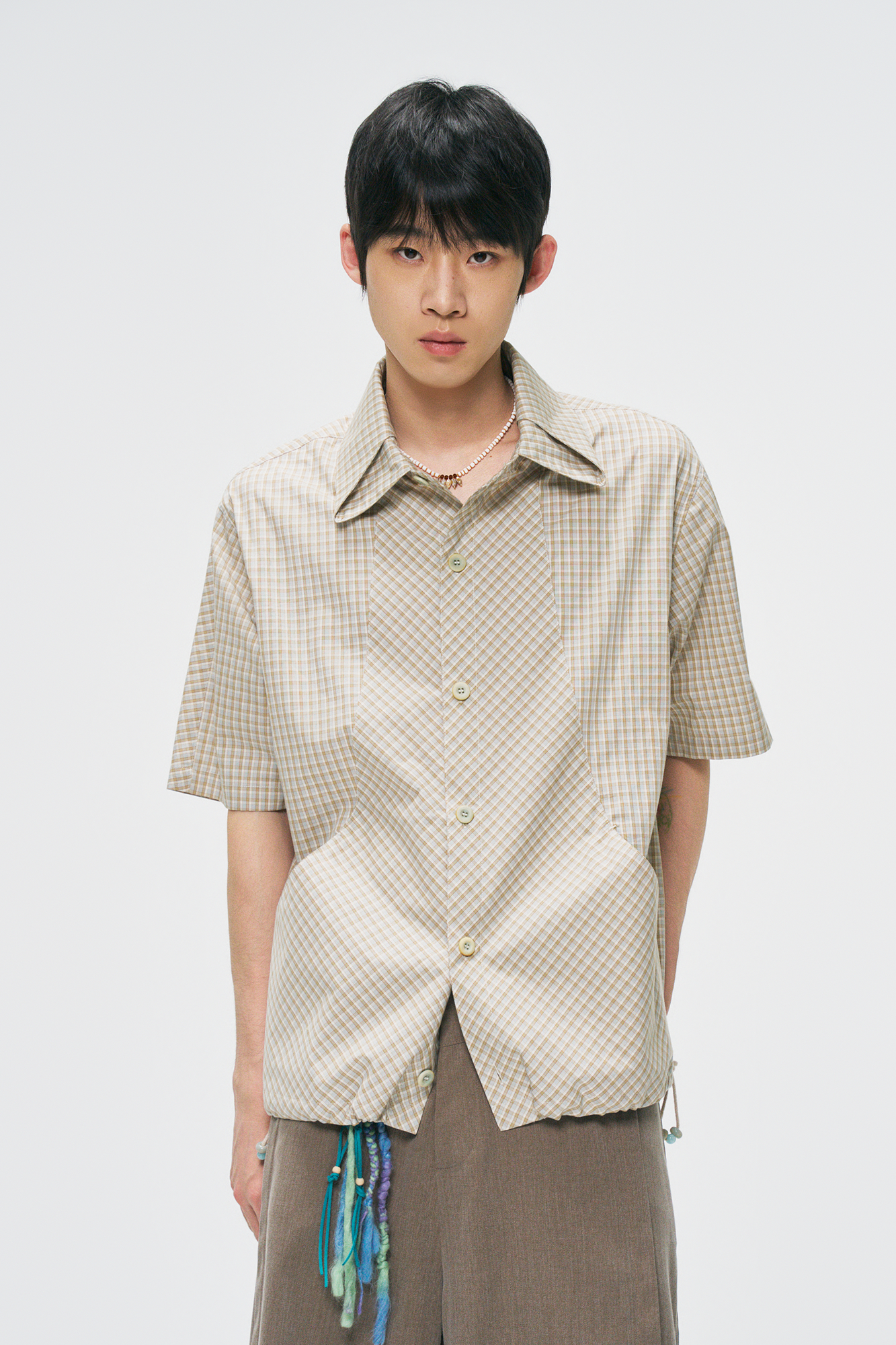 GONGHE REPUB Check Adjustable Hem Half Shirt, premium urban and streetwear designers apparel on PROJECTISR.com, GONGHE REPUB