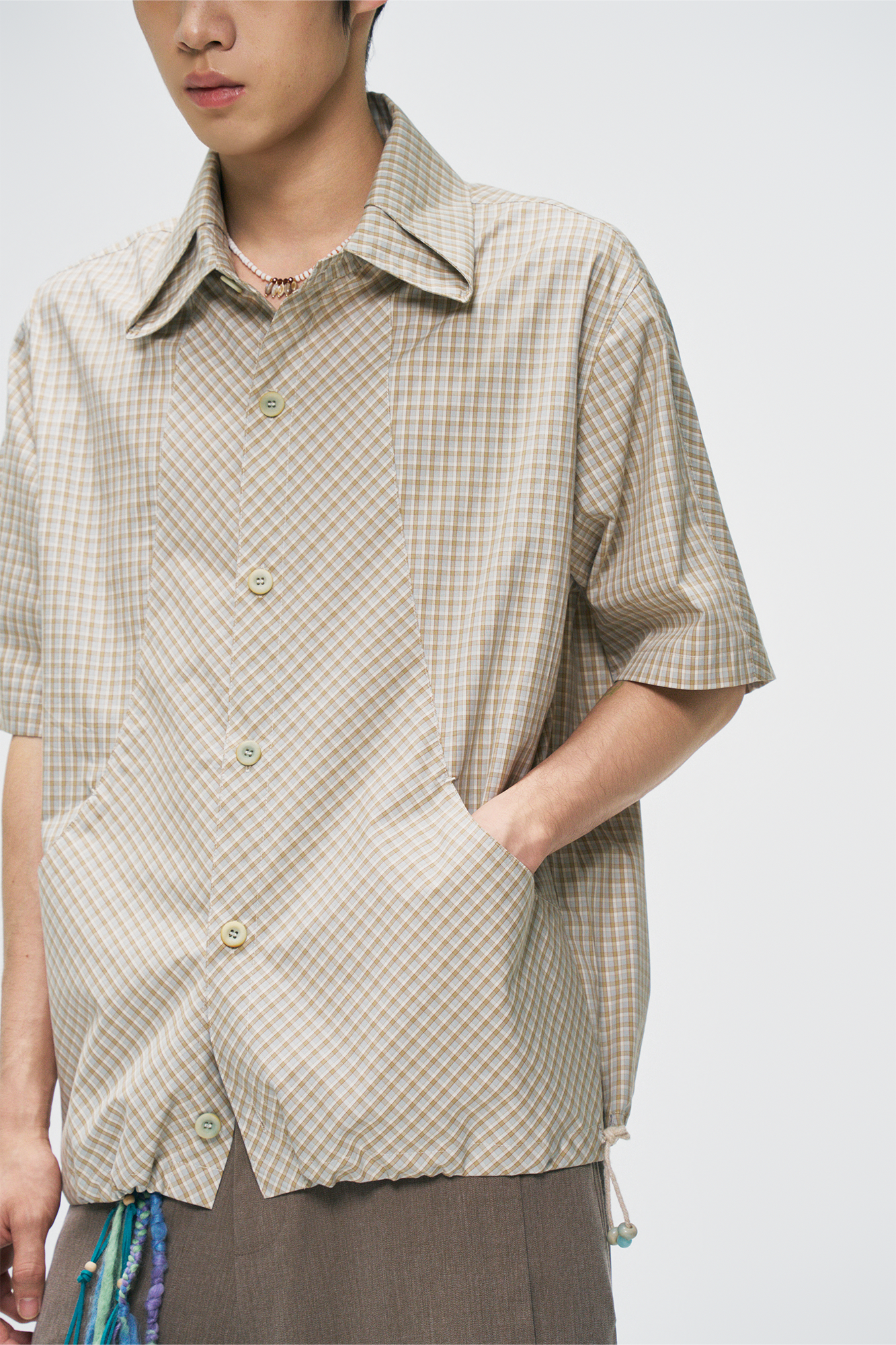 GONGHE REPUB Check Adjustable Hem Half Shirt, premium urban and streetwear designers apparel on PROJECTISR.com, GONGHE REPUB