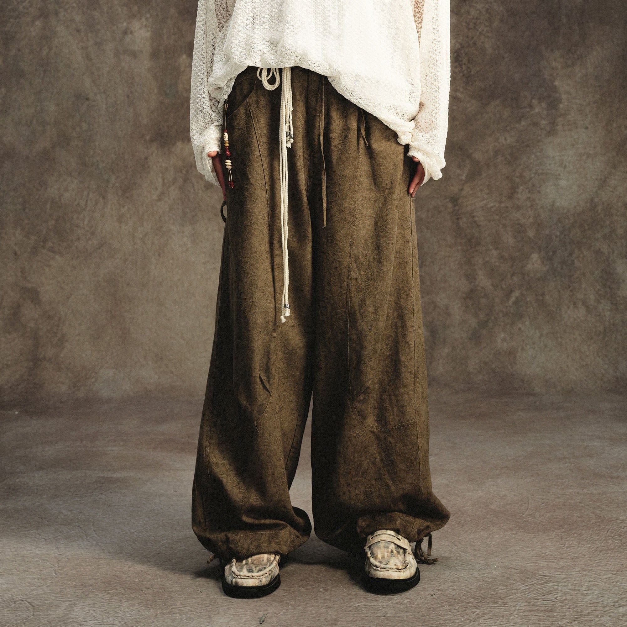 GONGHE REPUB Acanthus Linen Drawstring Pleated Wide-Leg Trousers, premium urban and streetwear designers apparel on PROJECTISR.com, GONGHE REPUB