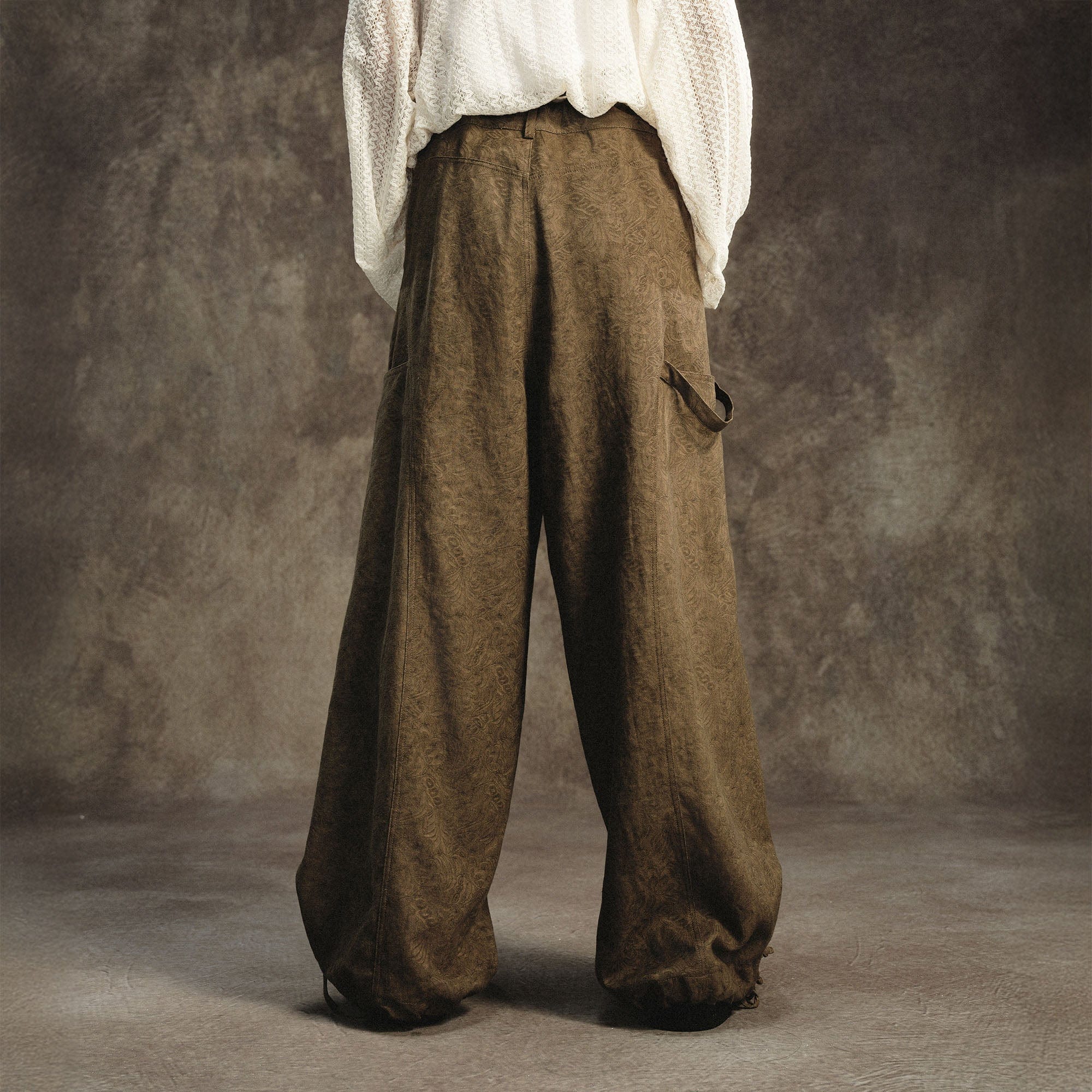 GONGHE REPUB Acanthus Linen Drawstring Pleated Wide-Leg Trousers, premium urban and streetwear designers apparel on PROJECTISR.com, GONGHE REPUB