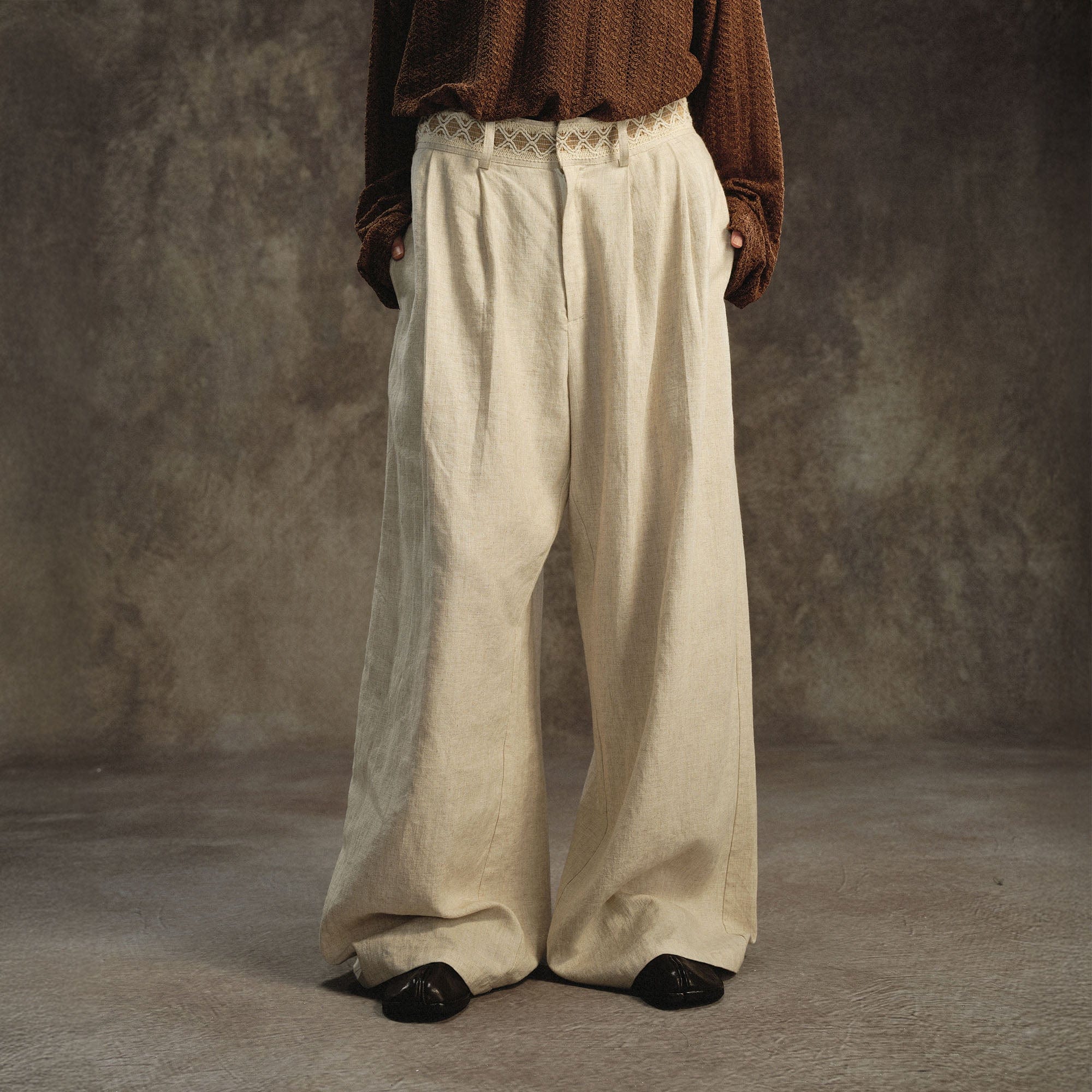 GONGHE REPUB Lattice Waistband Tencel Wide-Leg Pants, premium urban and streetwear designers apparel on PROJECTISR.com, GONGHE REPUB