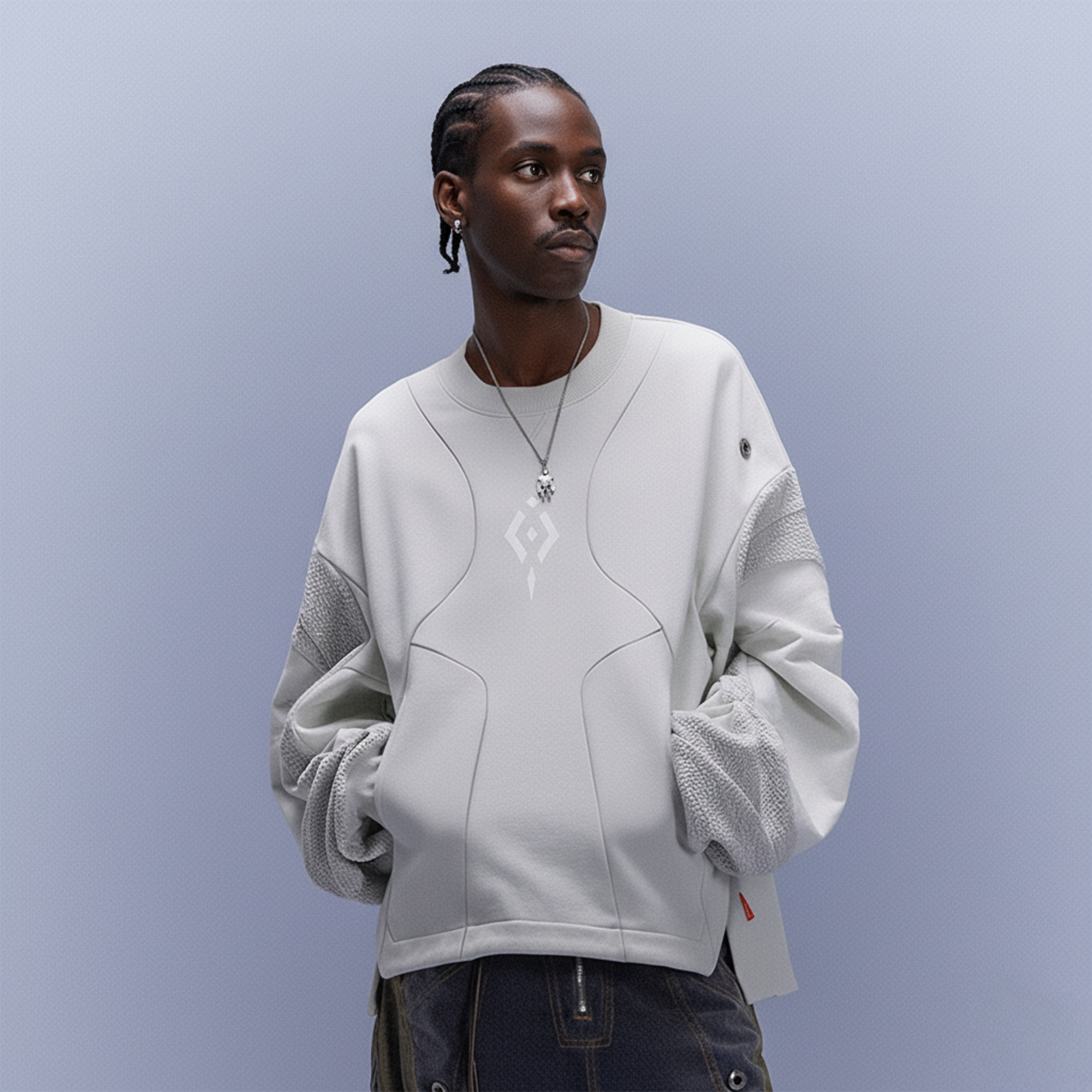 XIPHEVIL Utility Paneled Crewneck Sweatshirt White