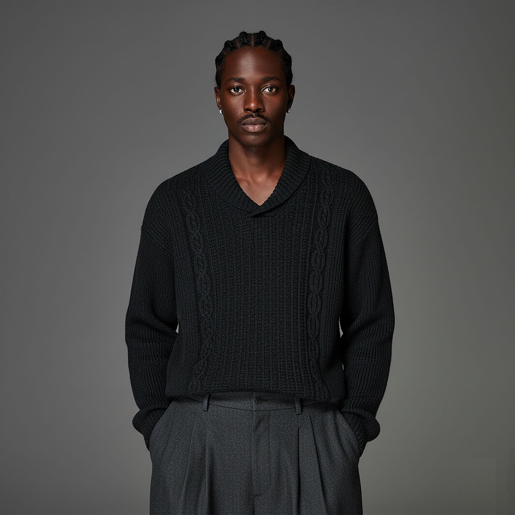 CATSSTAC Wool-Blend Shawl-Collar Cable Knit Sweater