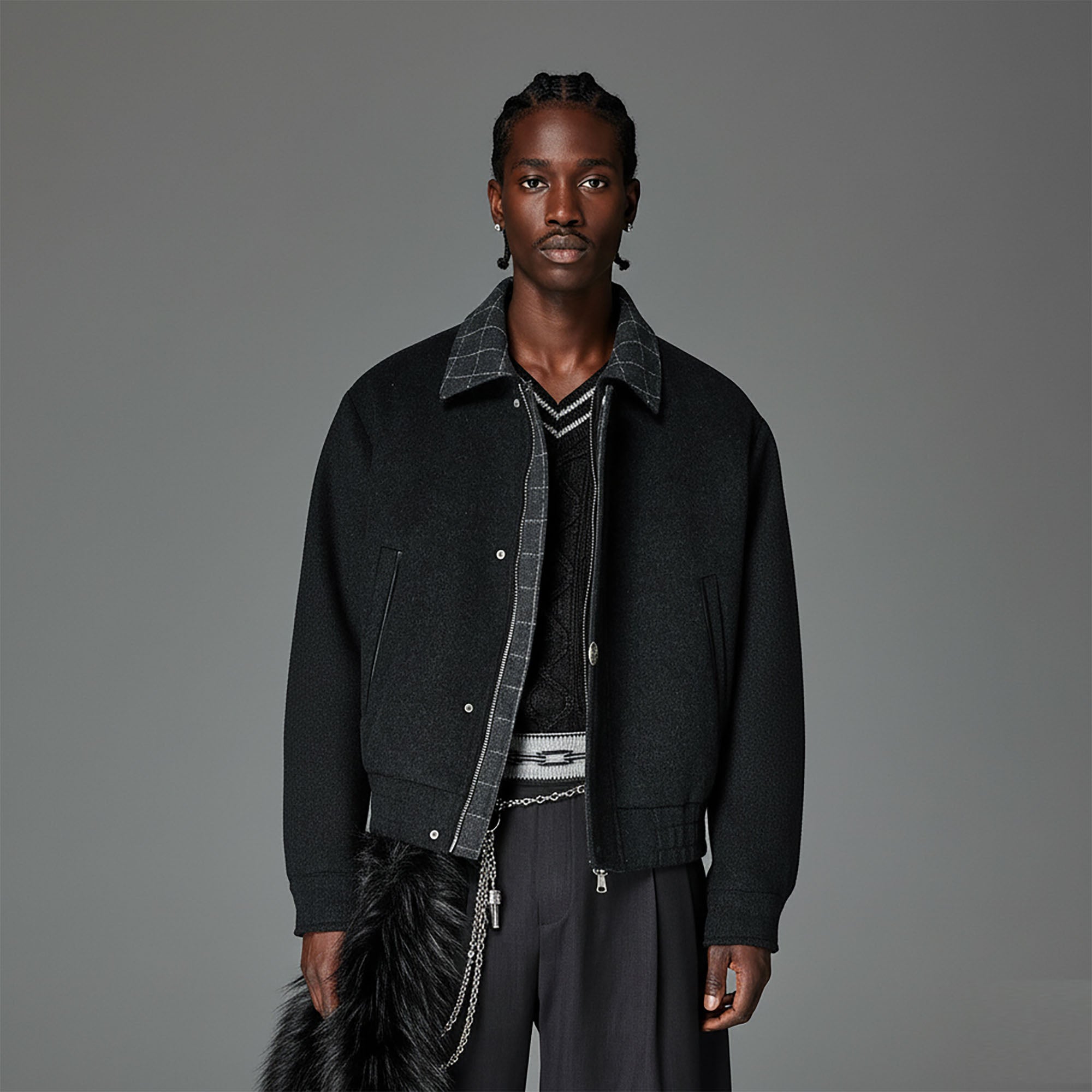 CATSSTAC Wool-Blend Plaid-Collar Bomber Jacket