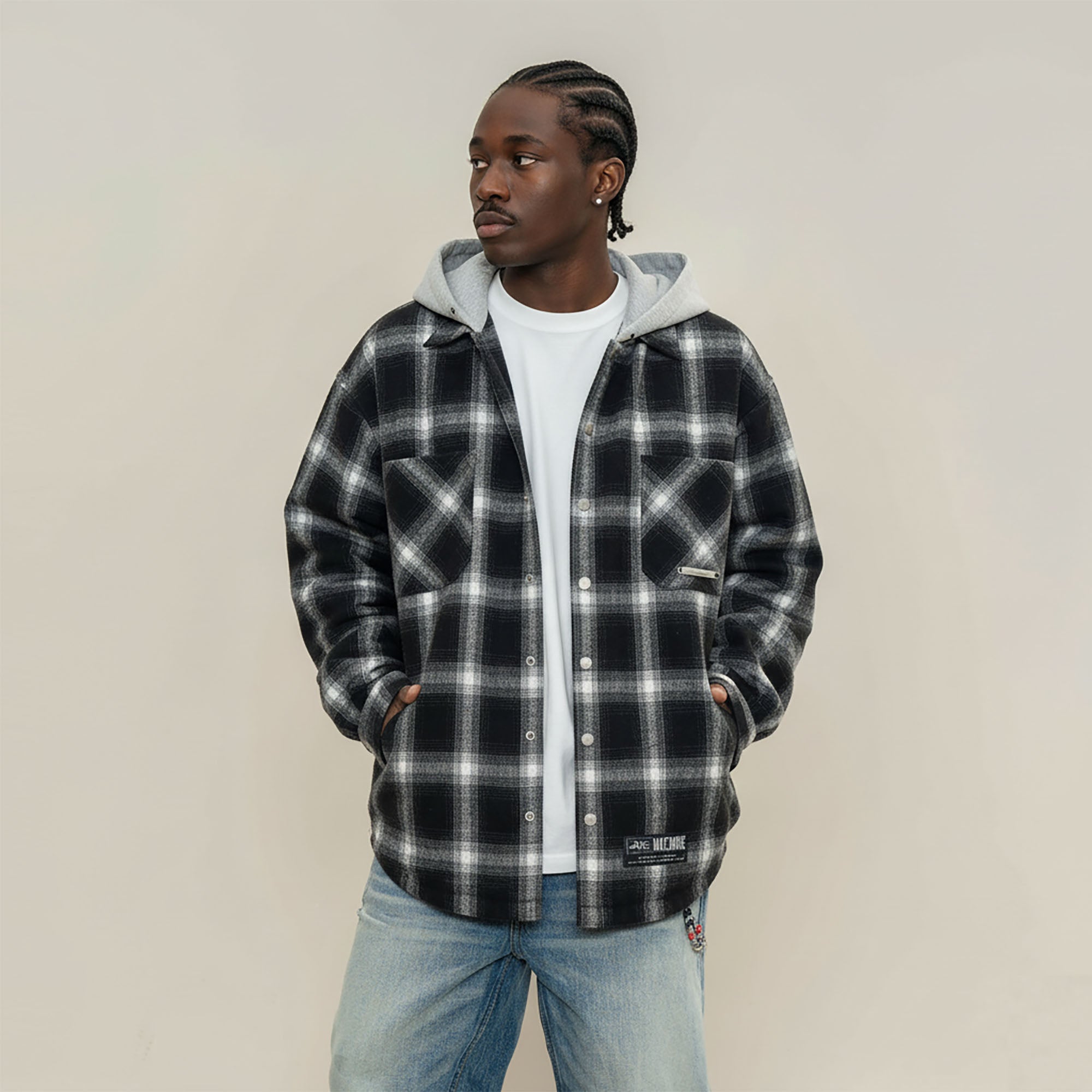 MAKEMORE Plaid Pocket Hooded Insulated Shirt