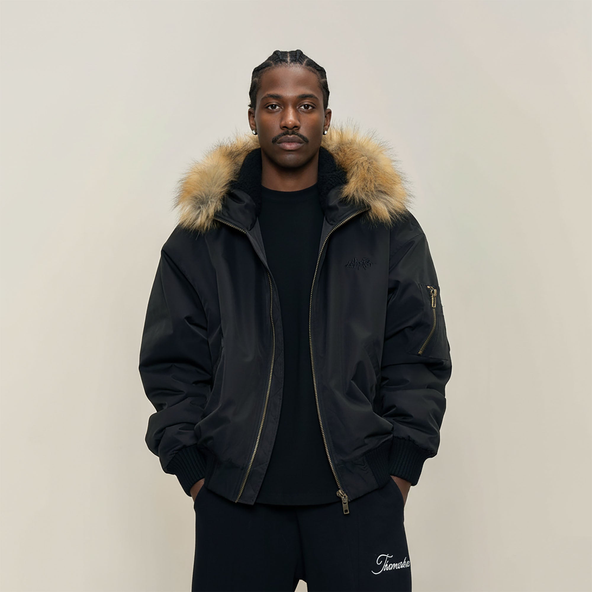 MAKEMORE Detachable Faux Fur Trim Satin Bomber Jacket