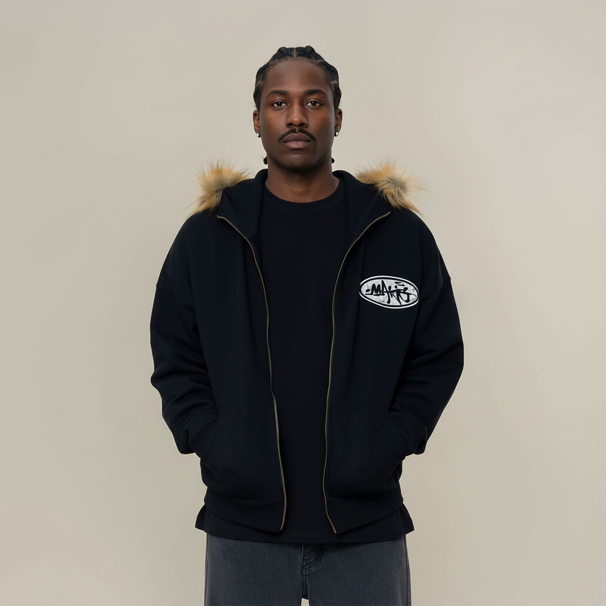 MAKEMORE Faux Fur Trim Pearl Patch Hooded Jacket