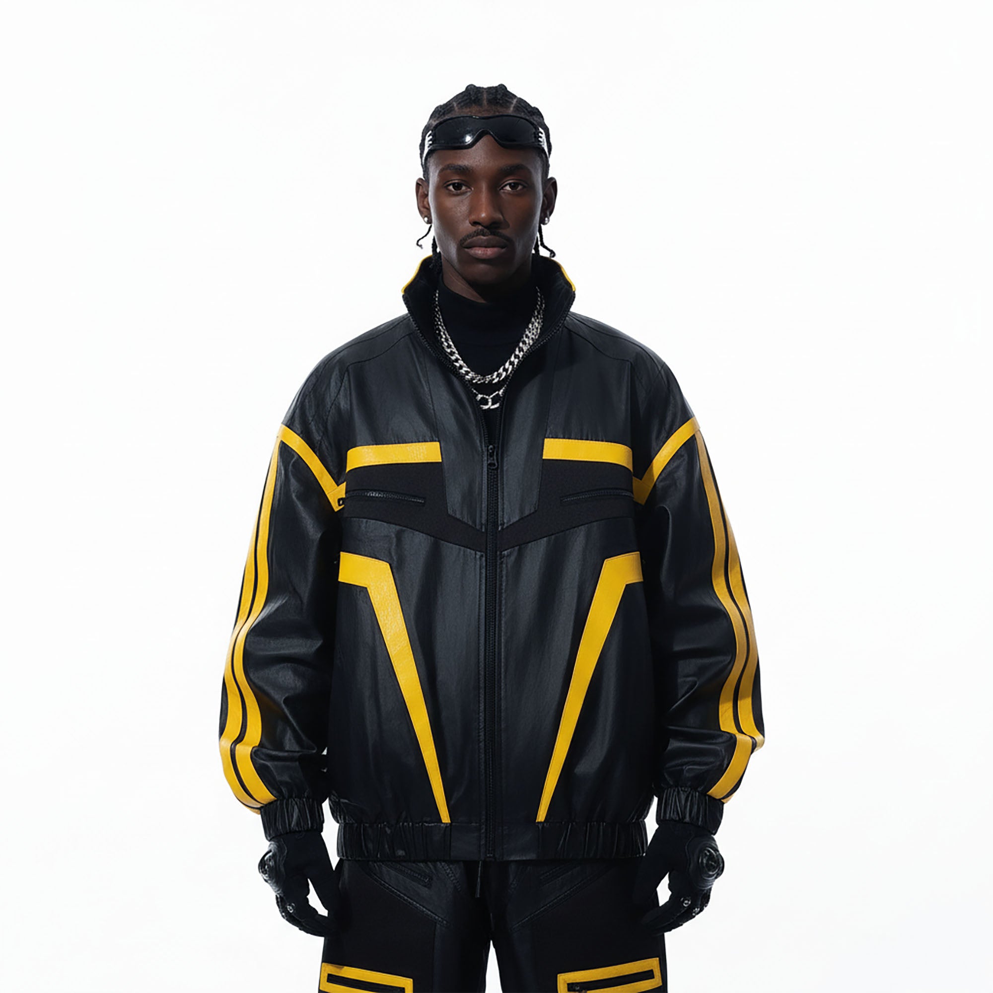 MOGONGSHE Contrast Stripe PU Moto Jacket