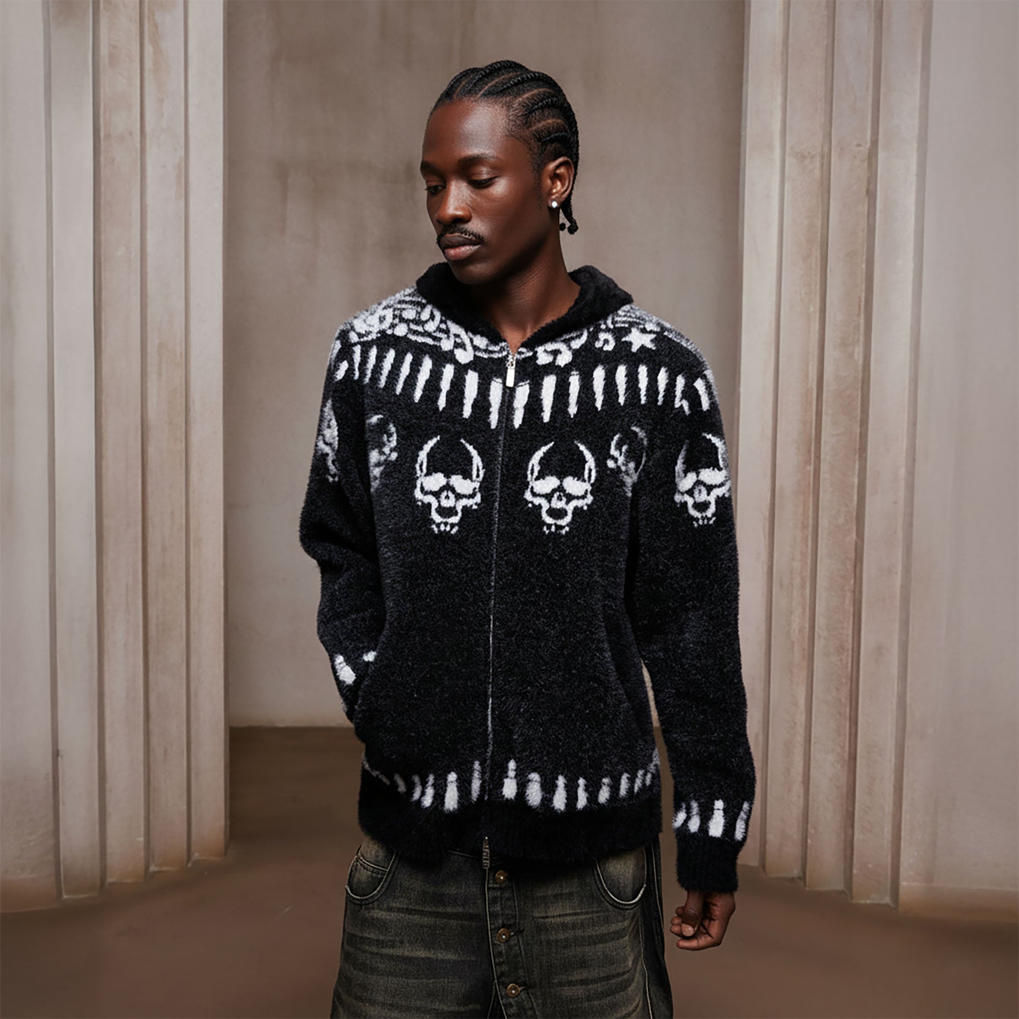 DND4DES Faux Mink Skull Jacquard Hooded Jacket