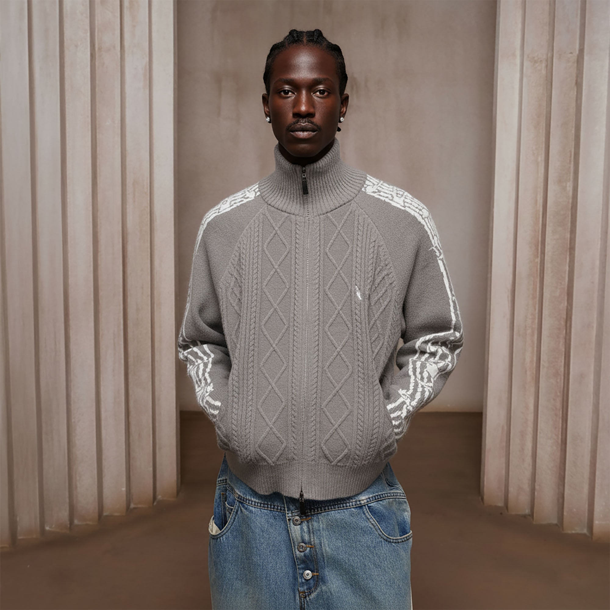 DND4DES Cable-Knit Music Stripes Zip Cardigan