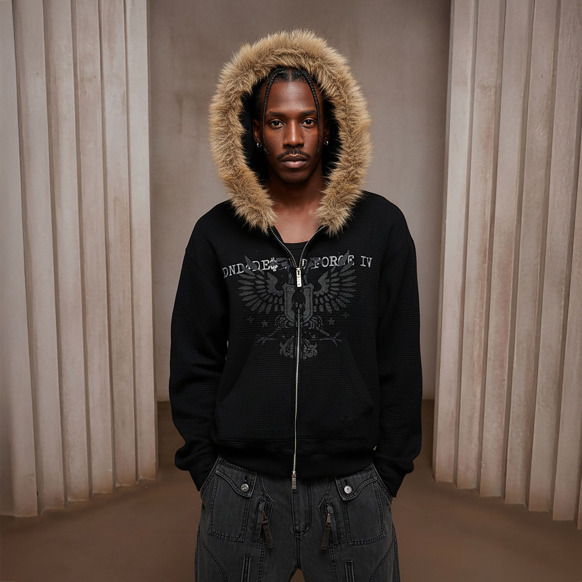 DND4DES Detachable Faux Fur Trim Hooded Jacket