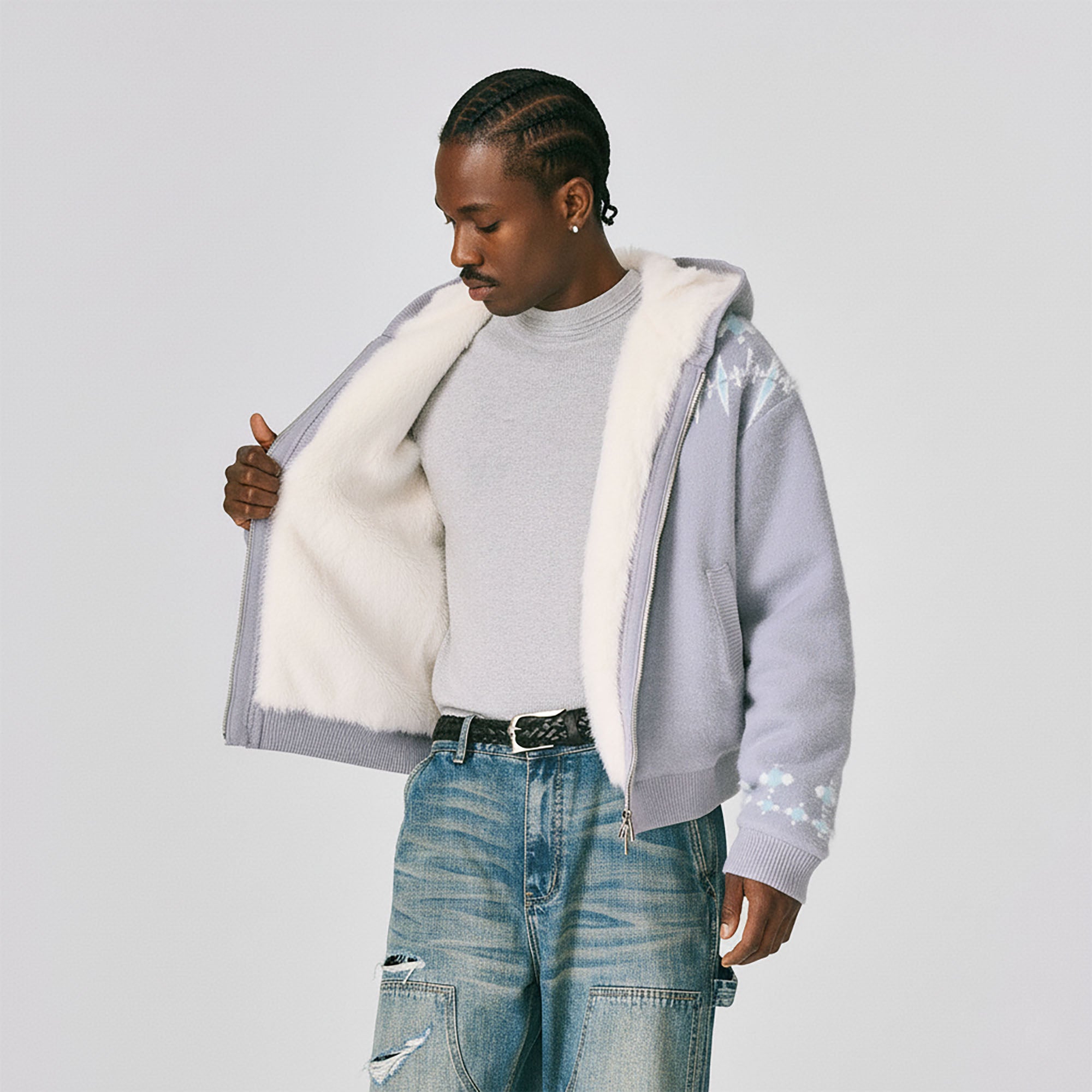 CATSSTAC Jacquard Knit Faux-Fur Lined Hooded Jacket, premium urban and streetwear designers apparel on PROJECTISR.com, PROJECTISR US